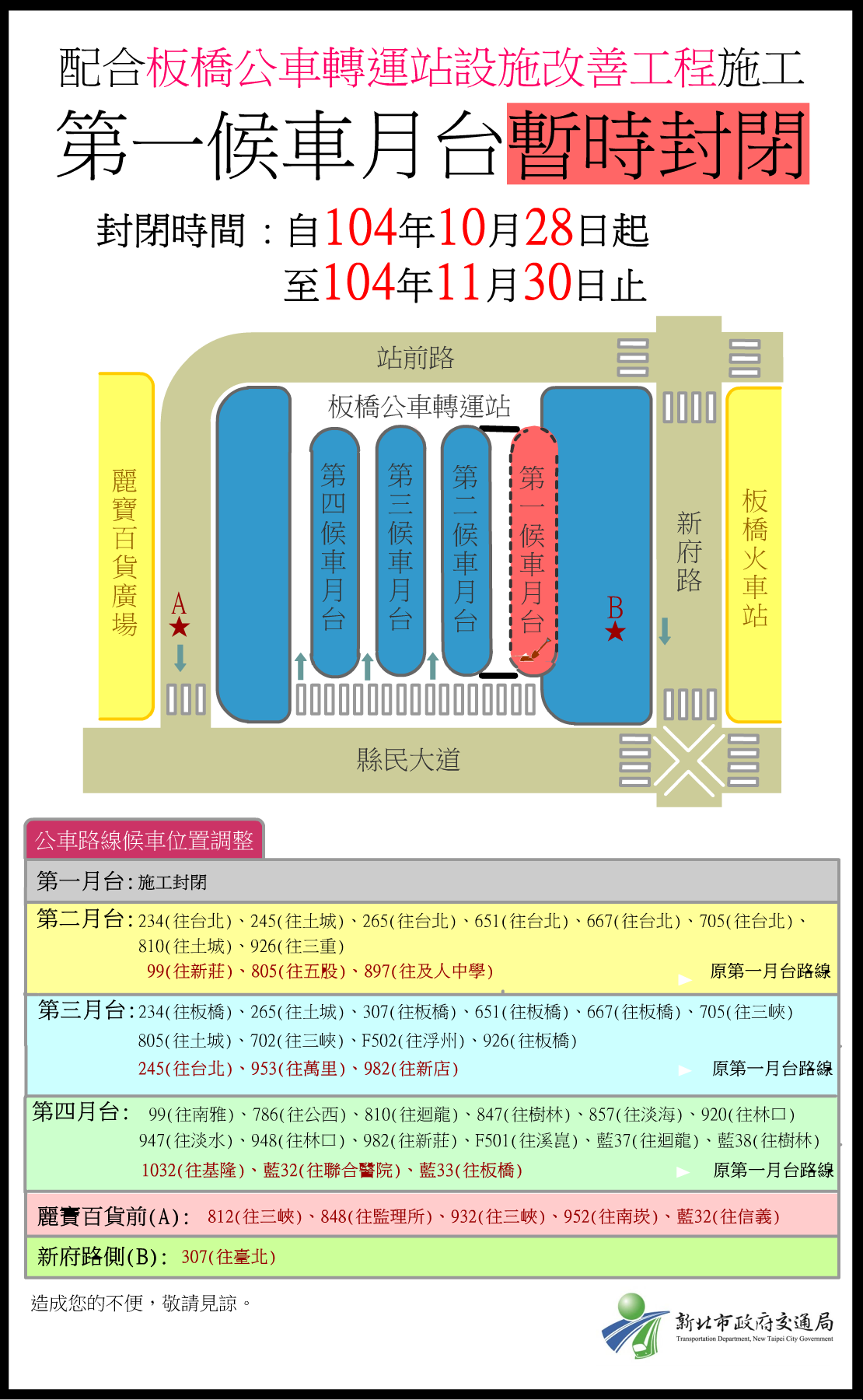 板橋公車轉運站整修第1月臺15條路線調整停靠區-圖一