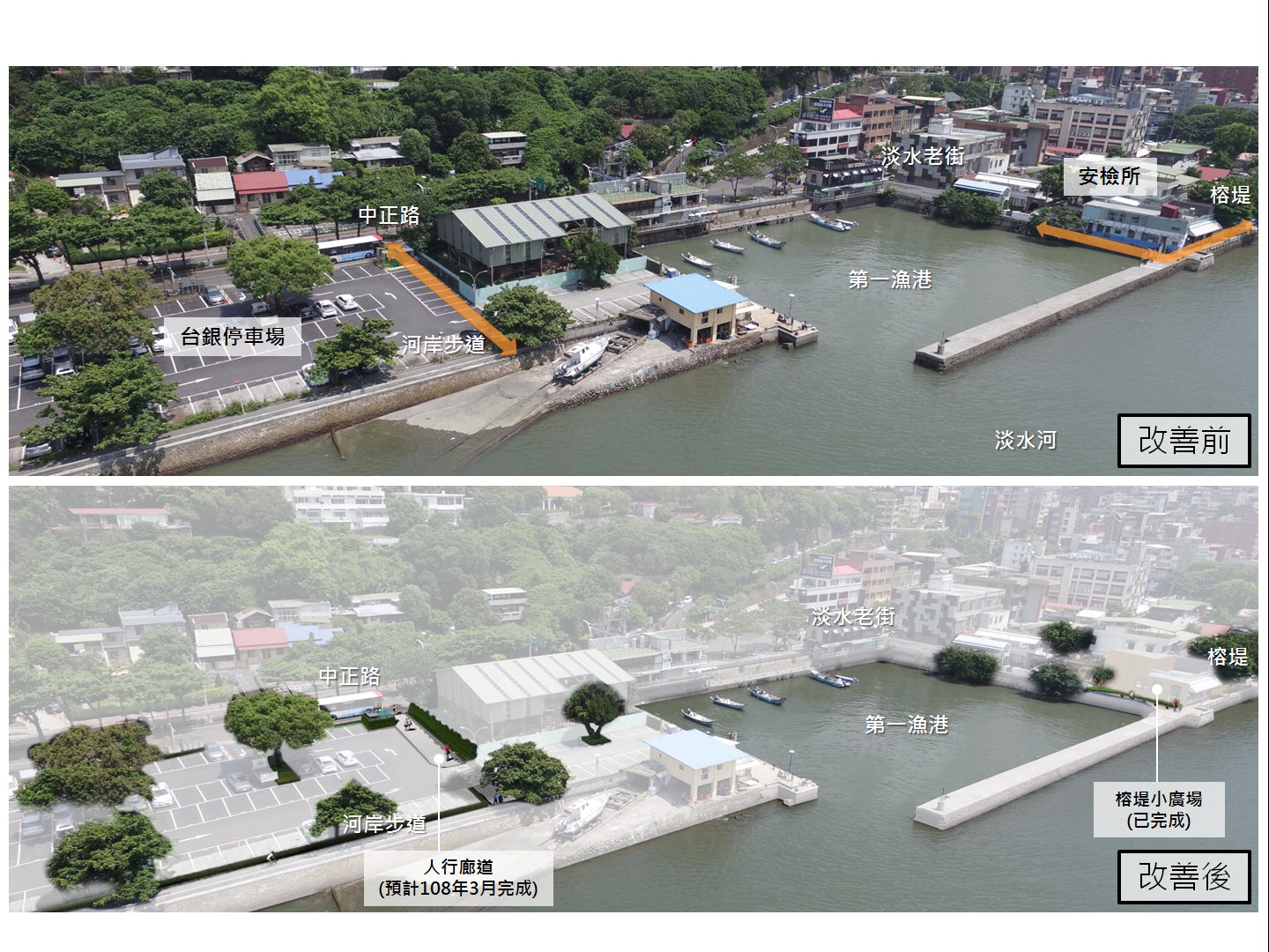 圖1全區鳥瞰改善前後模擬圖(榕堤小廣場與人行廊道)