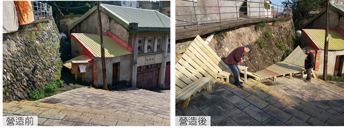 透過學生團隊與居民合力，回收磚塊、種植植栽，將險路打造為眺望觀音山的休憩點