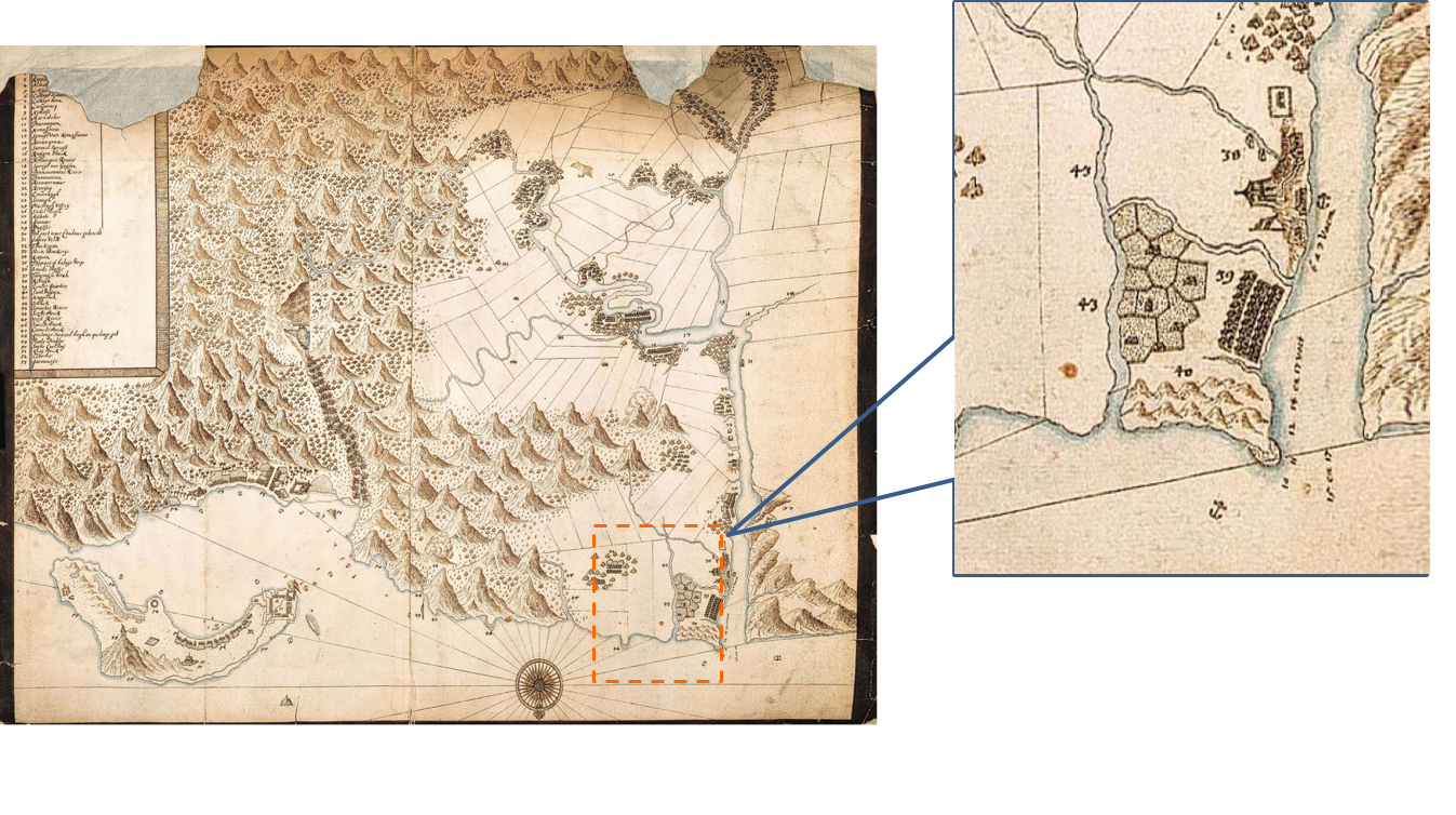 《淡水與其附近村社暨雞籠島略圖》局部圖，框內為近400年前公司田溪首度登上了世界舞台。圖片來源：翁佳音，《大台北古地圖考釋》，台北：稻鄉，2006年