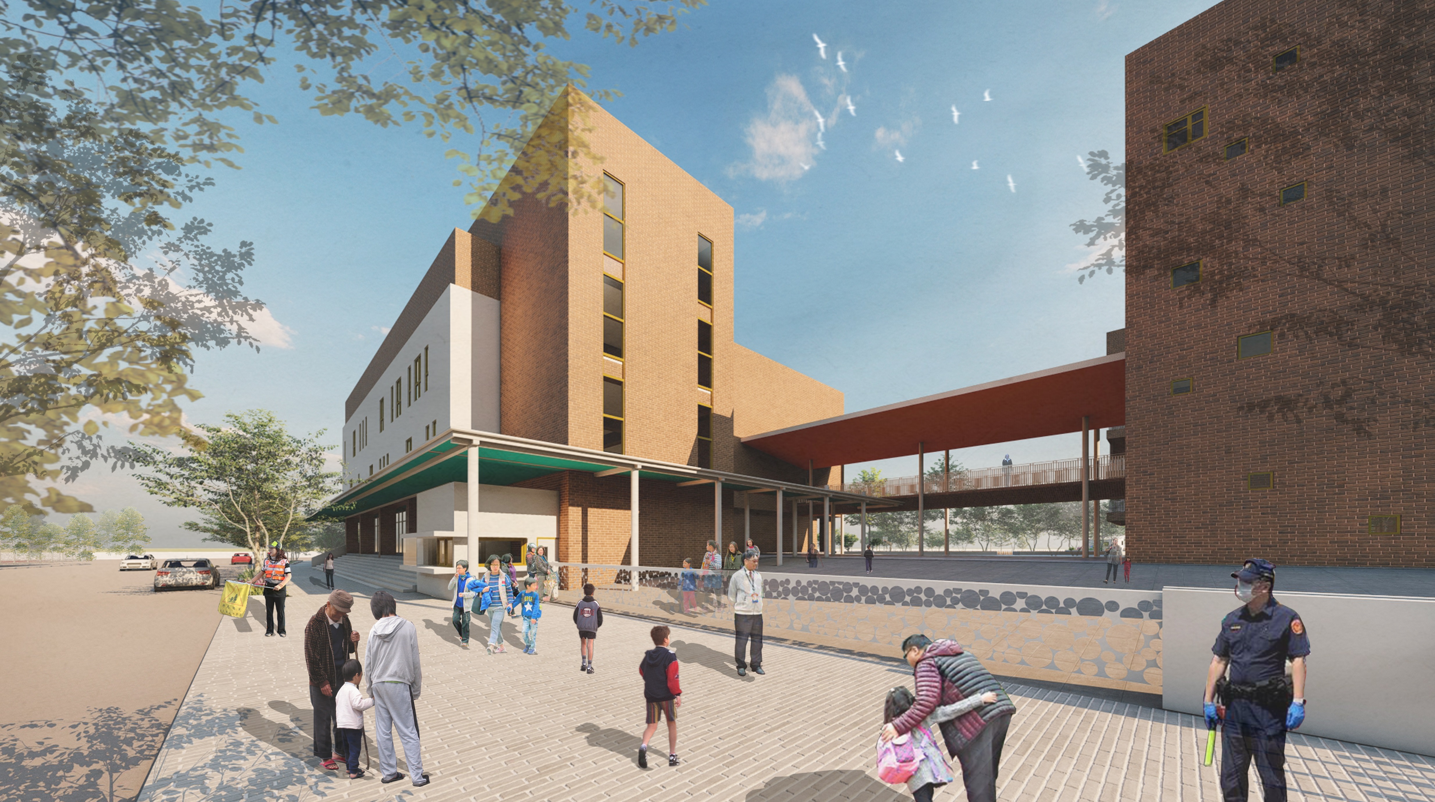 林口東湖國小新建工程，為有效率使用校地，納入多元教育設施，使校園與社區共享資源，除了原有的校舍建築，還規劃包括地上3層的多功能體健中心、禮堂及地上4層的公共托育中心、幼兒園、樂齡照顧等多元服務設施