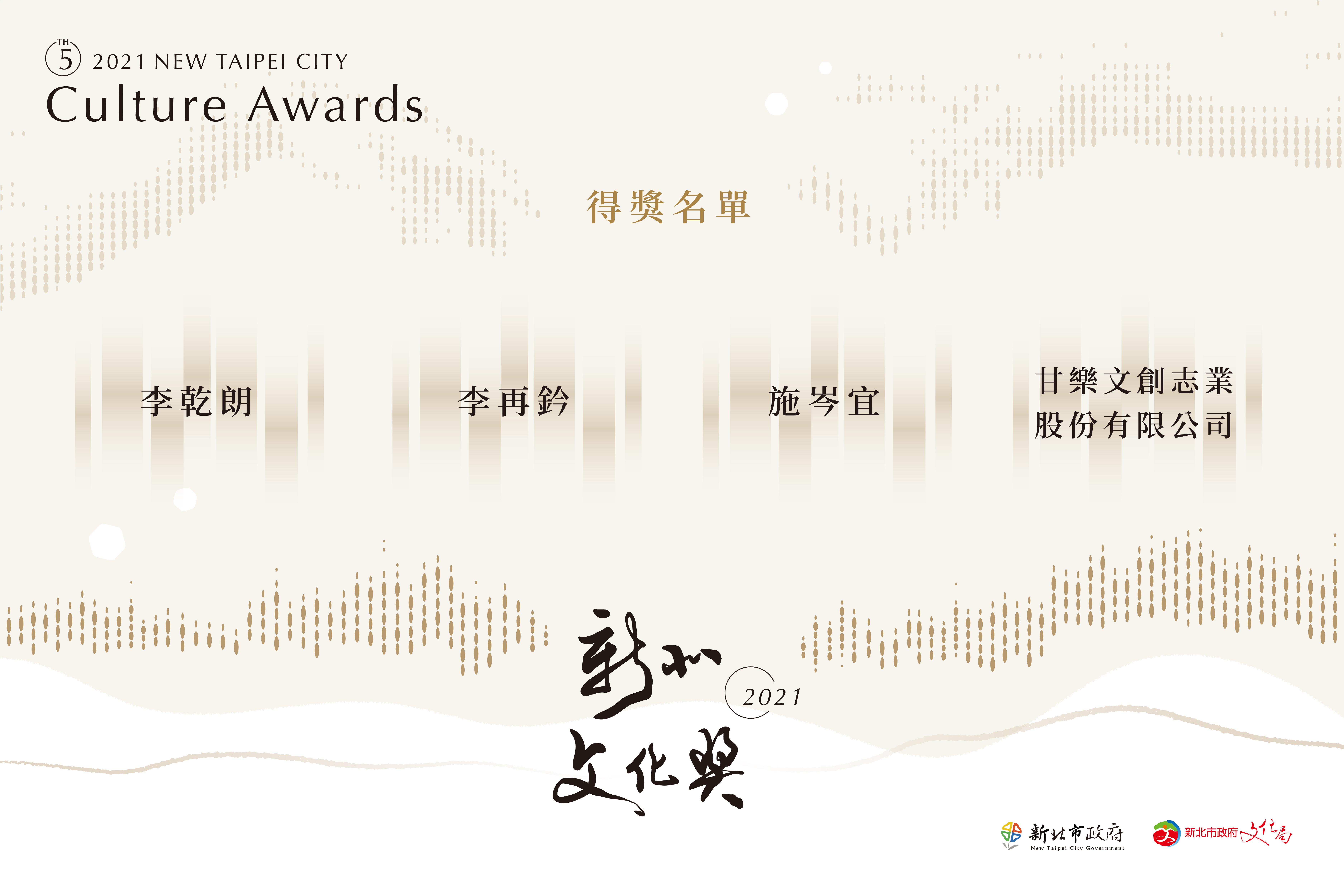 2021新北文化獎得獎名單出爐，由李乾朗、李再鈐、施岑宜、甘樂文創志業股份有限公司四位得獎者獲獎
