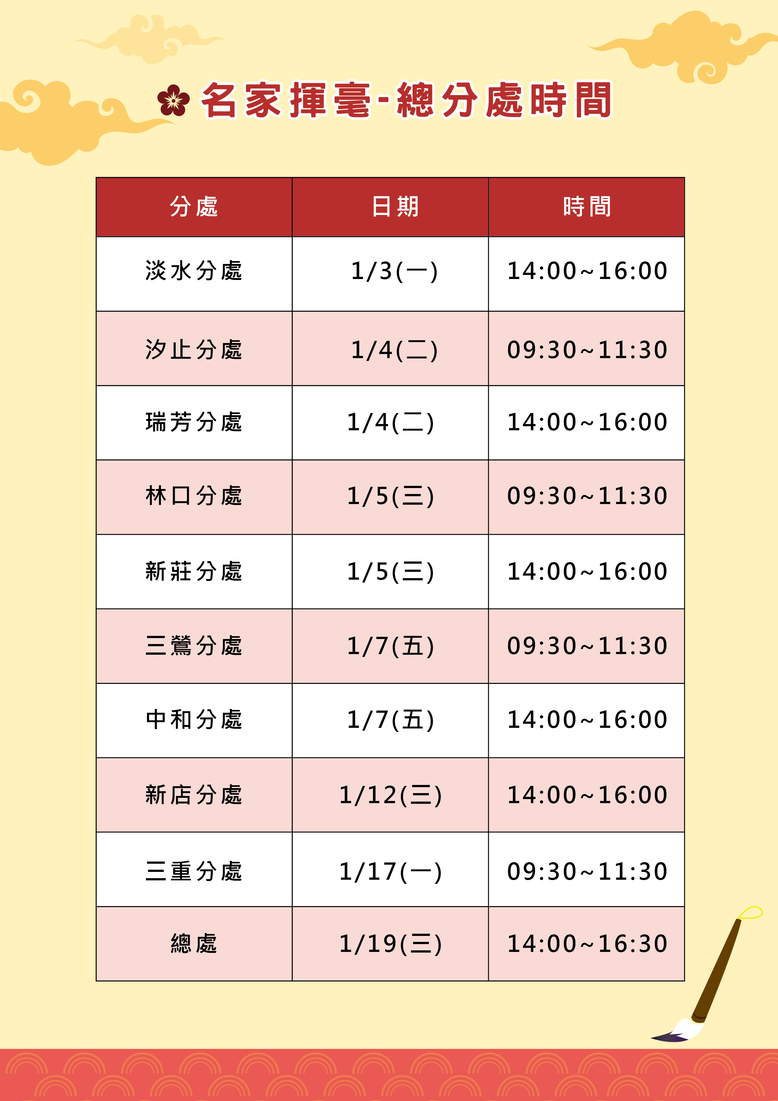 111名家揮毫總分處時程