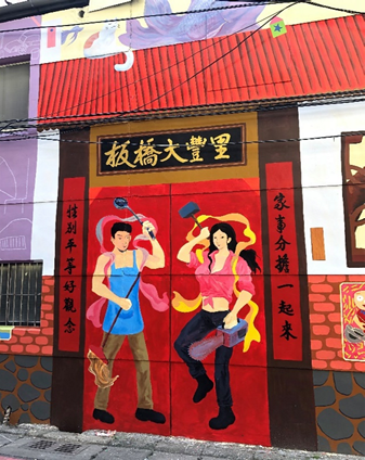 板橋大豐里民與心智障礙學生，共同彩繪出女生拿電鋸、男生拿鍋鏟的「女左男右」性平門神(摘自財政局資料)