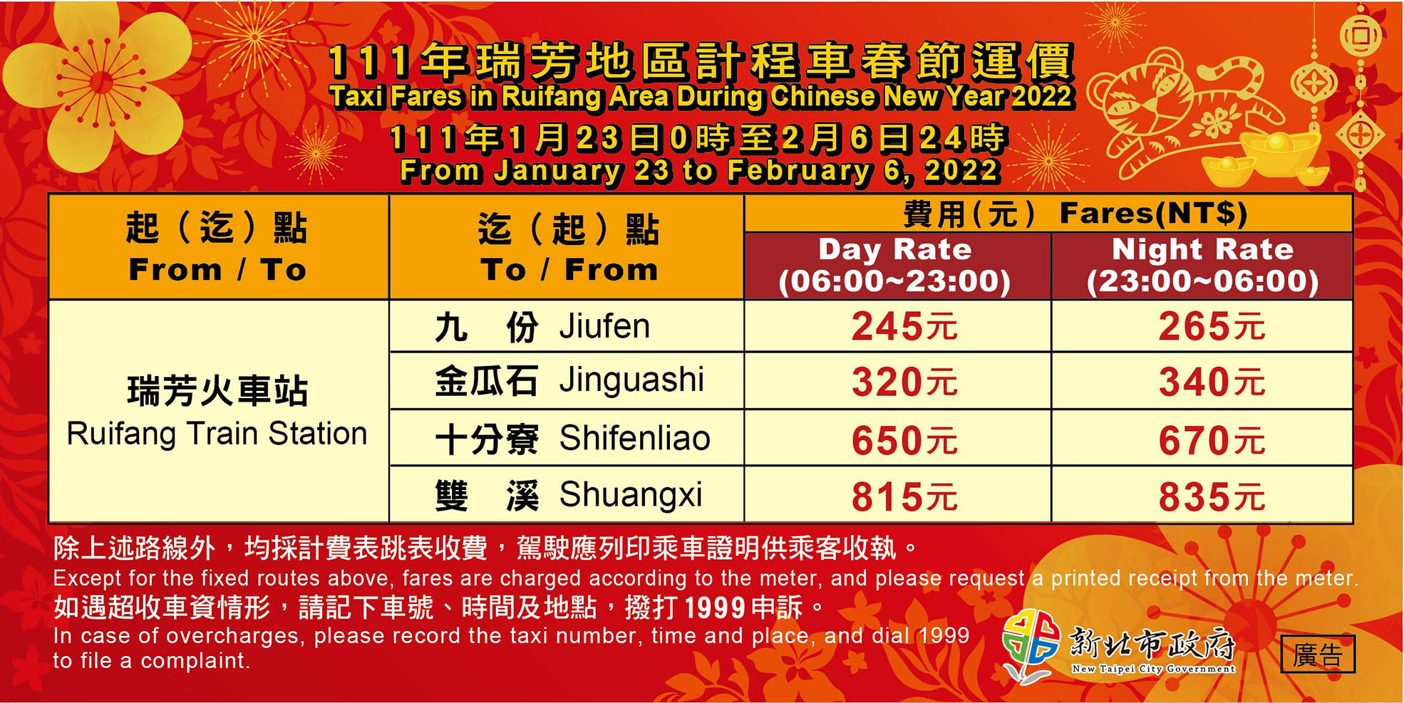 新北市瑞芳地區計程車運價貼紙