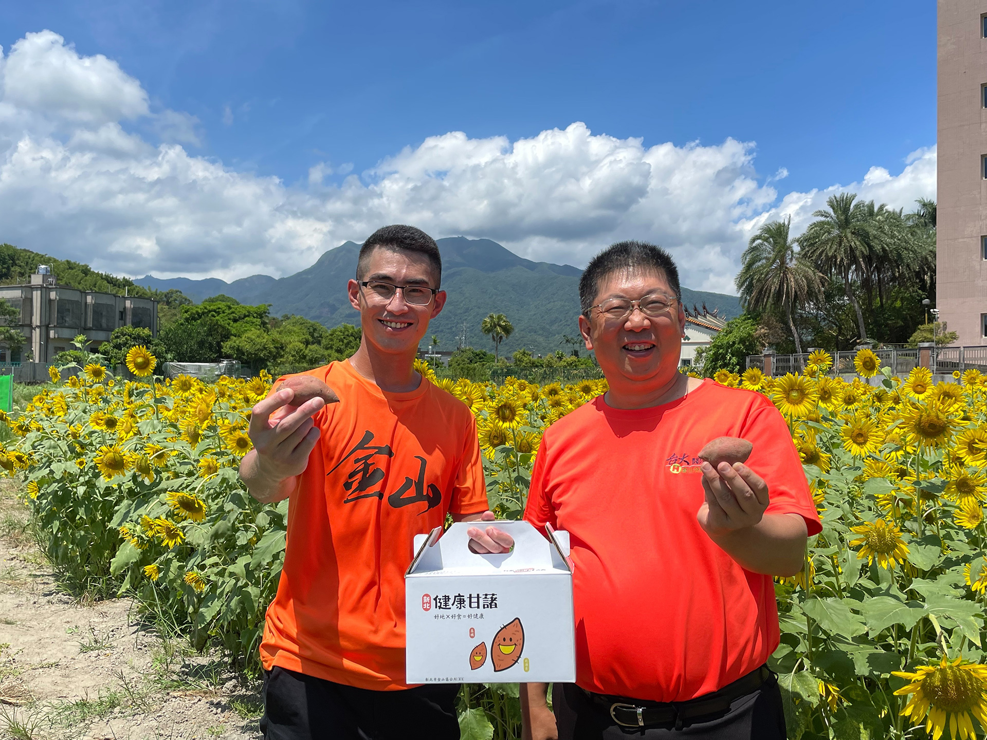 廖武輝區長及張志豪分院長熱情邀請大家來金山吃地瓜賞花海