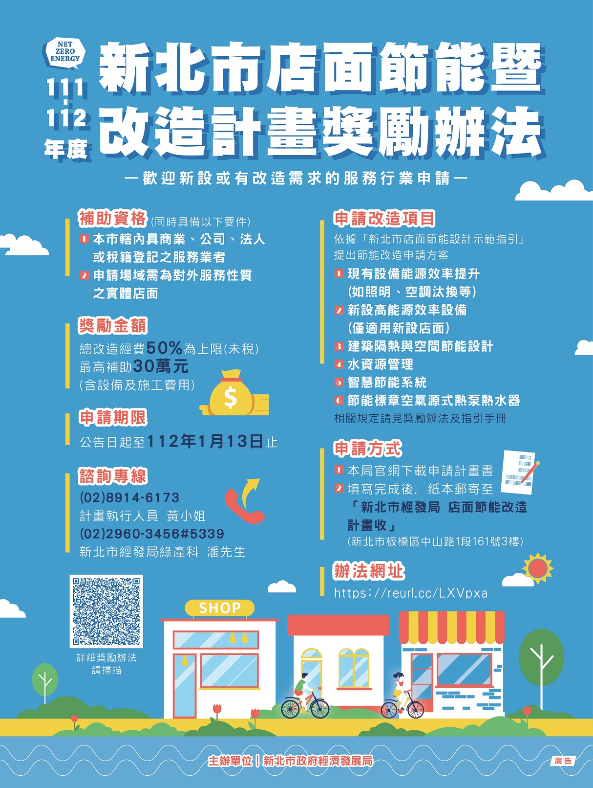為鼓勵服務業實踐節能減碳，新北市推出「店面節能暨改造計畫獎勵辦法」，業者可透過「新北市店面節能設計示範指引」落實節能改造。