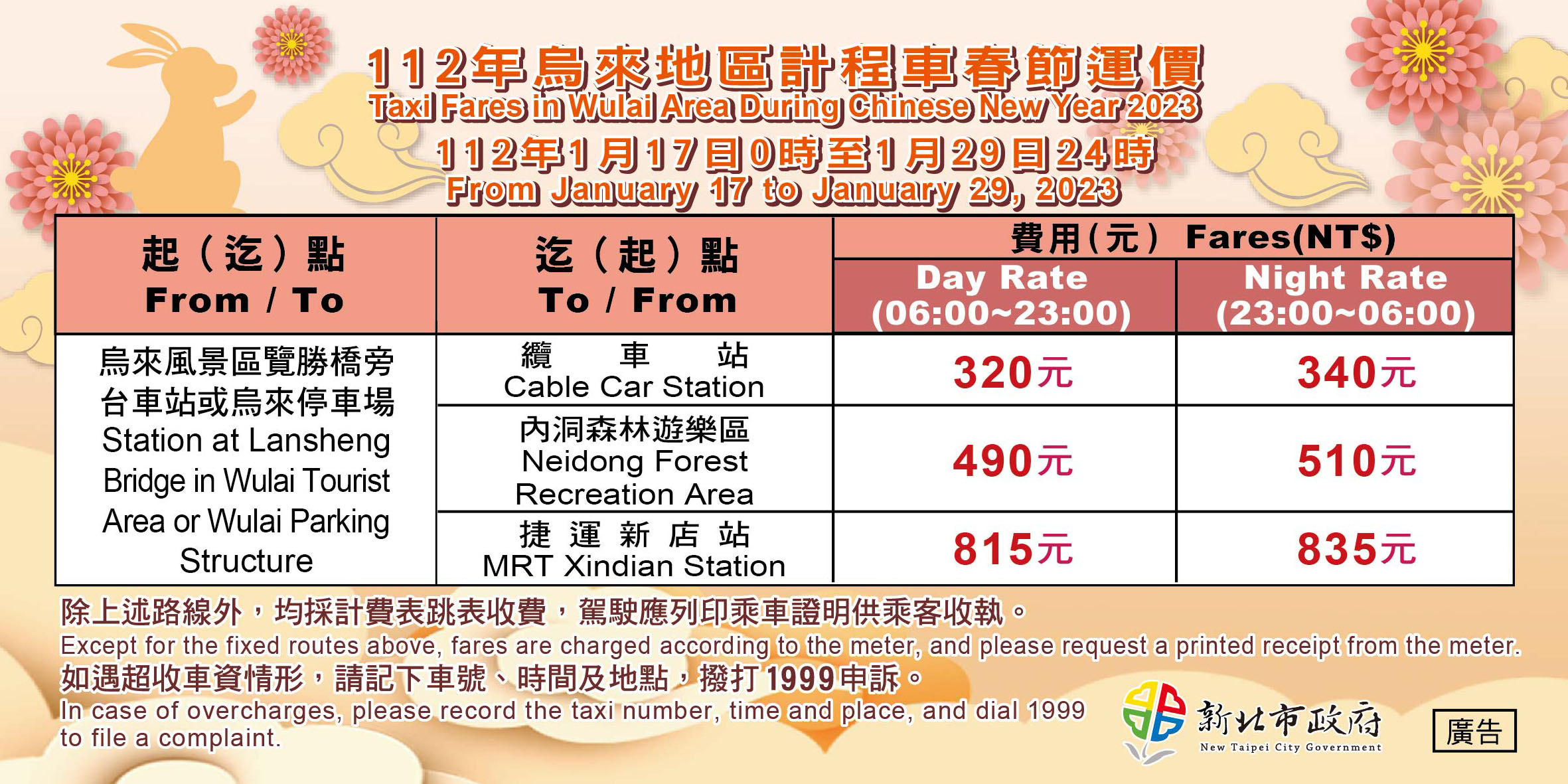 計程車春節運價加成貼紙_烏來地區