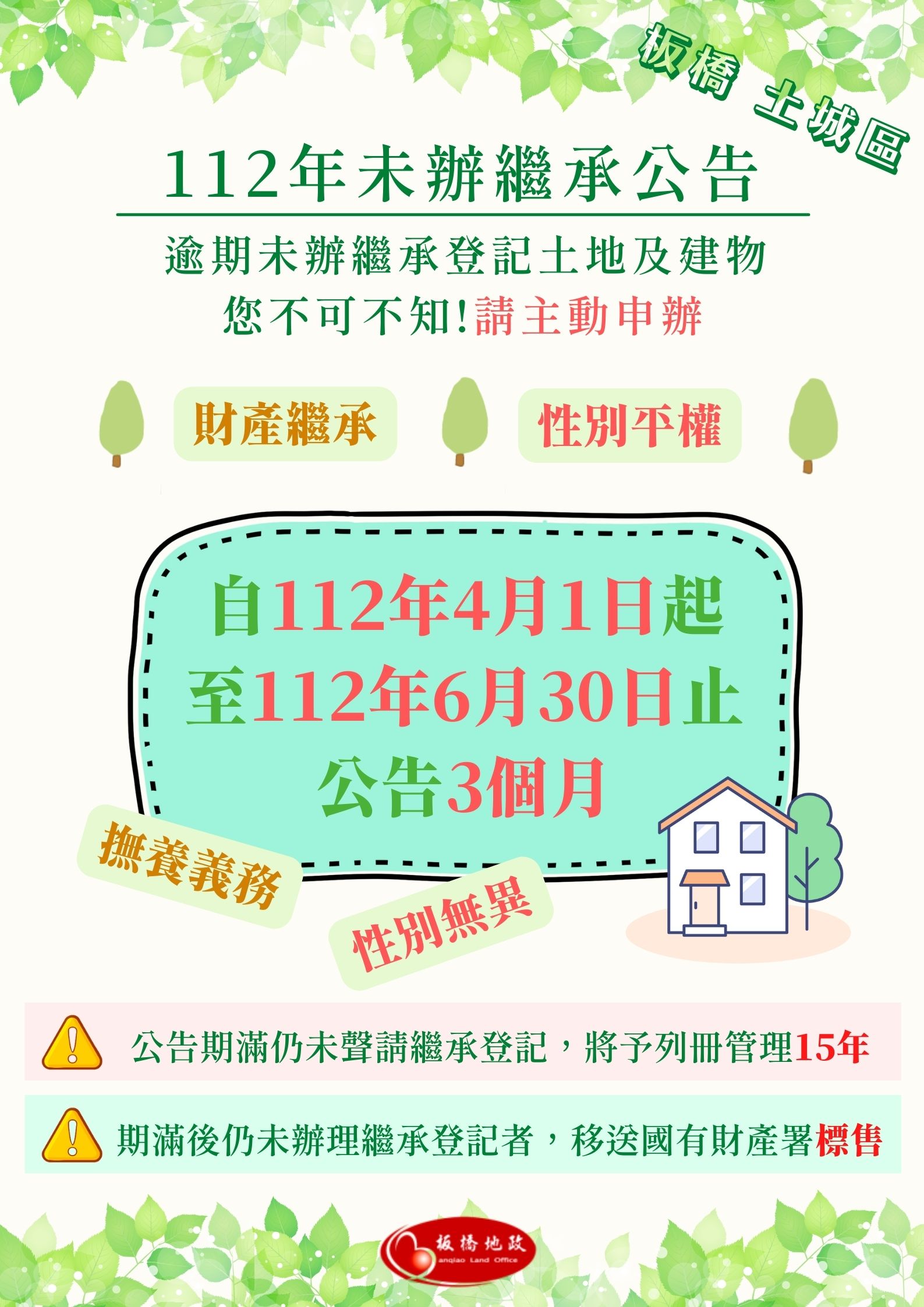 112年板橋區、土城區未辦繼承公告