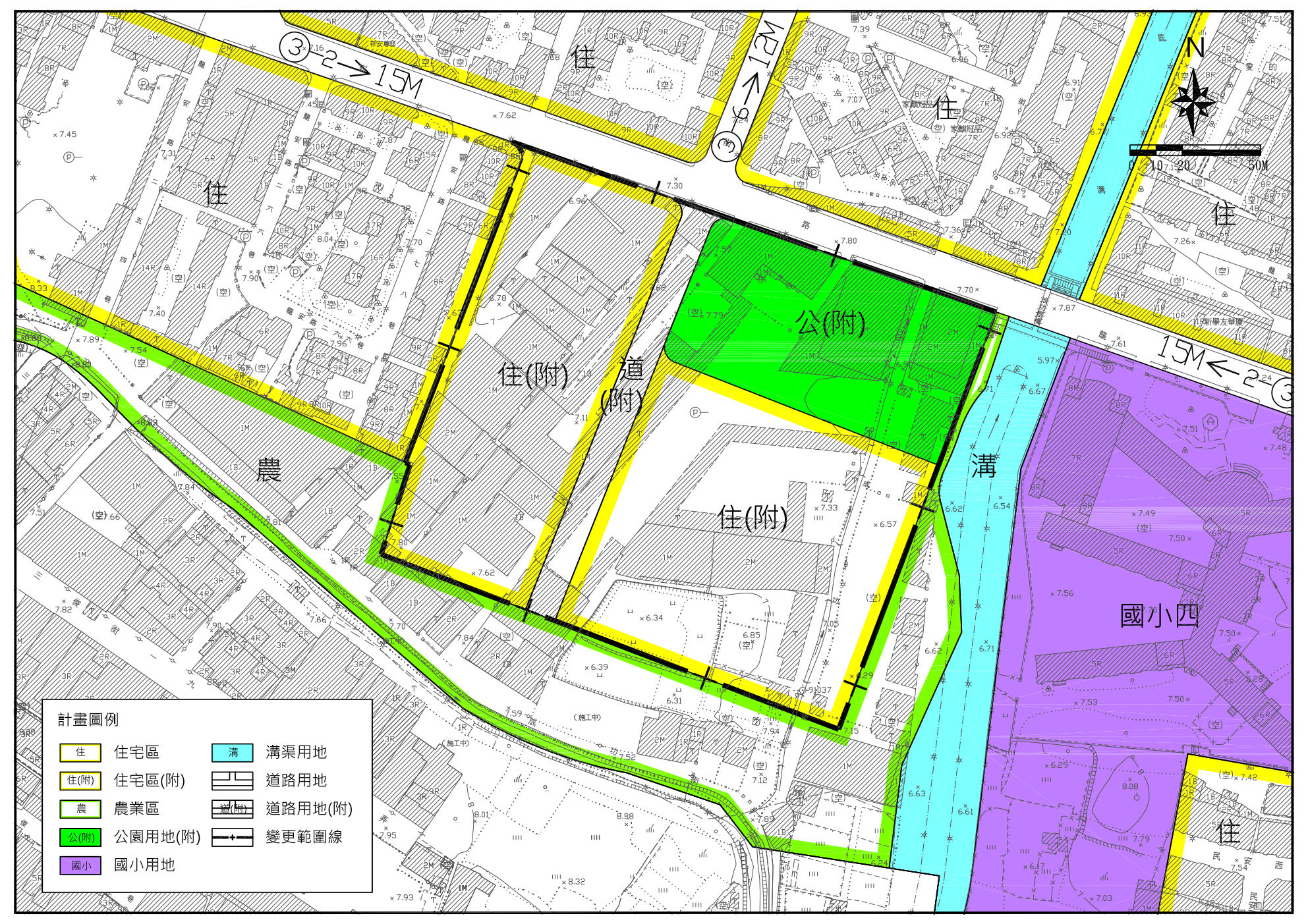 新莊高中一用地變更後主要計畫示意圖，除住宅區、道路用地，另規劃0.69公頃公園用地，後續將由體育處、交通局評估興建國民運動中心並共構停車場。