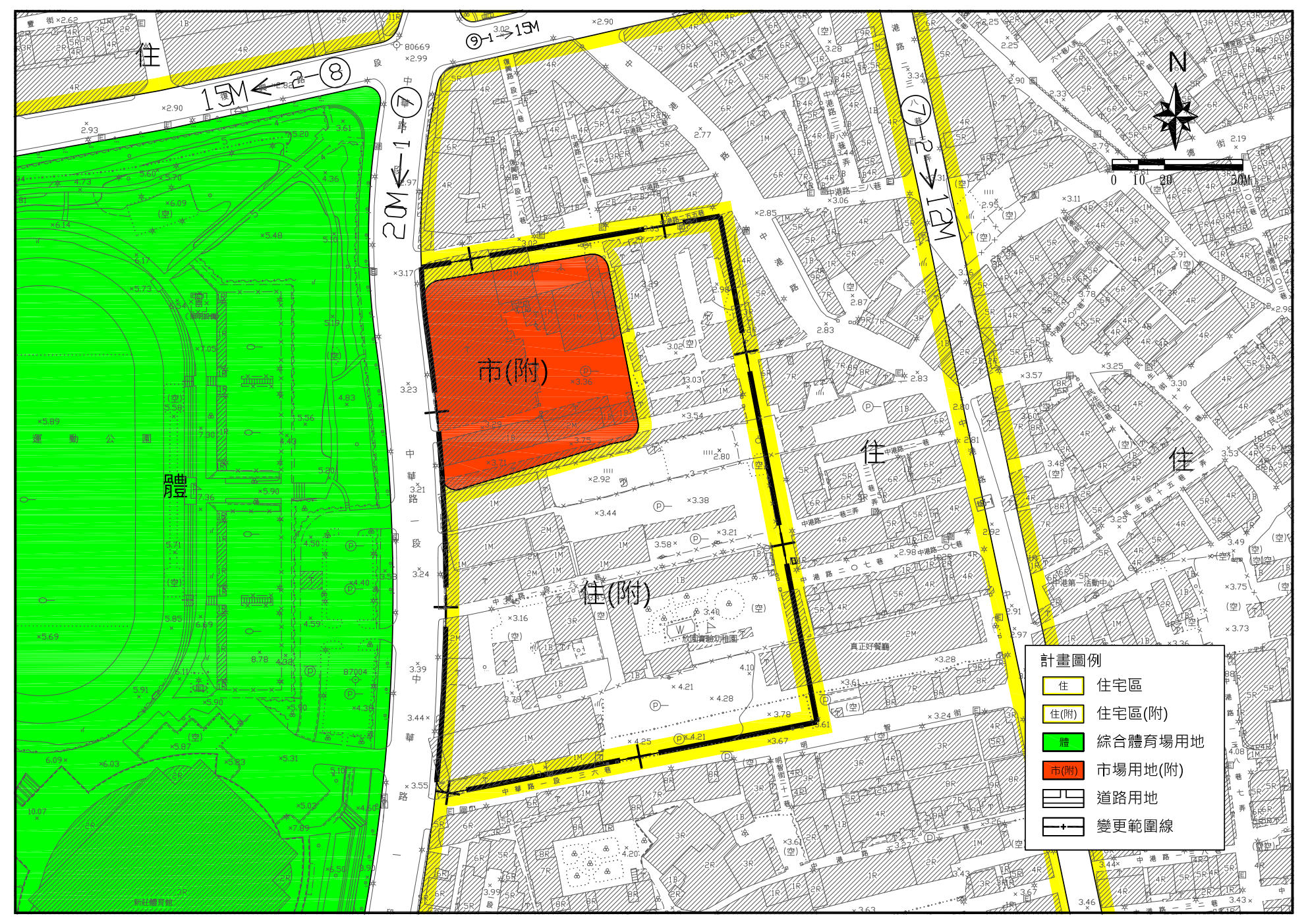 新莊高中二用地變更後主要計畫示意圖，除解編為住宅區，另規劃0.56公頃市場用地，後續將由市場處打造現代化零售市場，並引進多元公共設施。