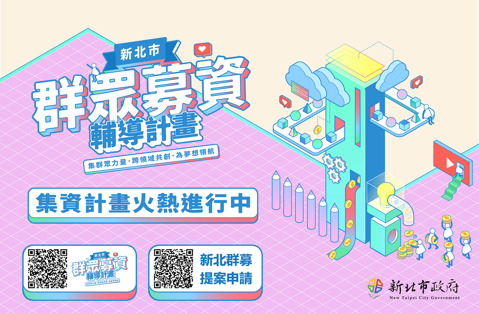 新北群眾募資計畫針對科技與設計加值、文化與創意發展、社會與地方創生三大領域進行徵件，徵件至112年9月15日止，歡迎有興趣的業者踴躍報名。