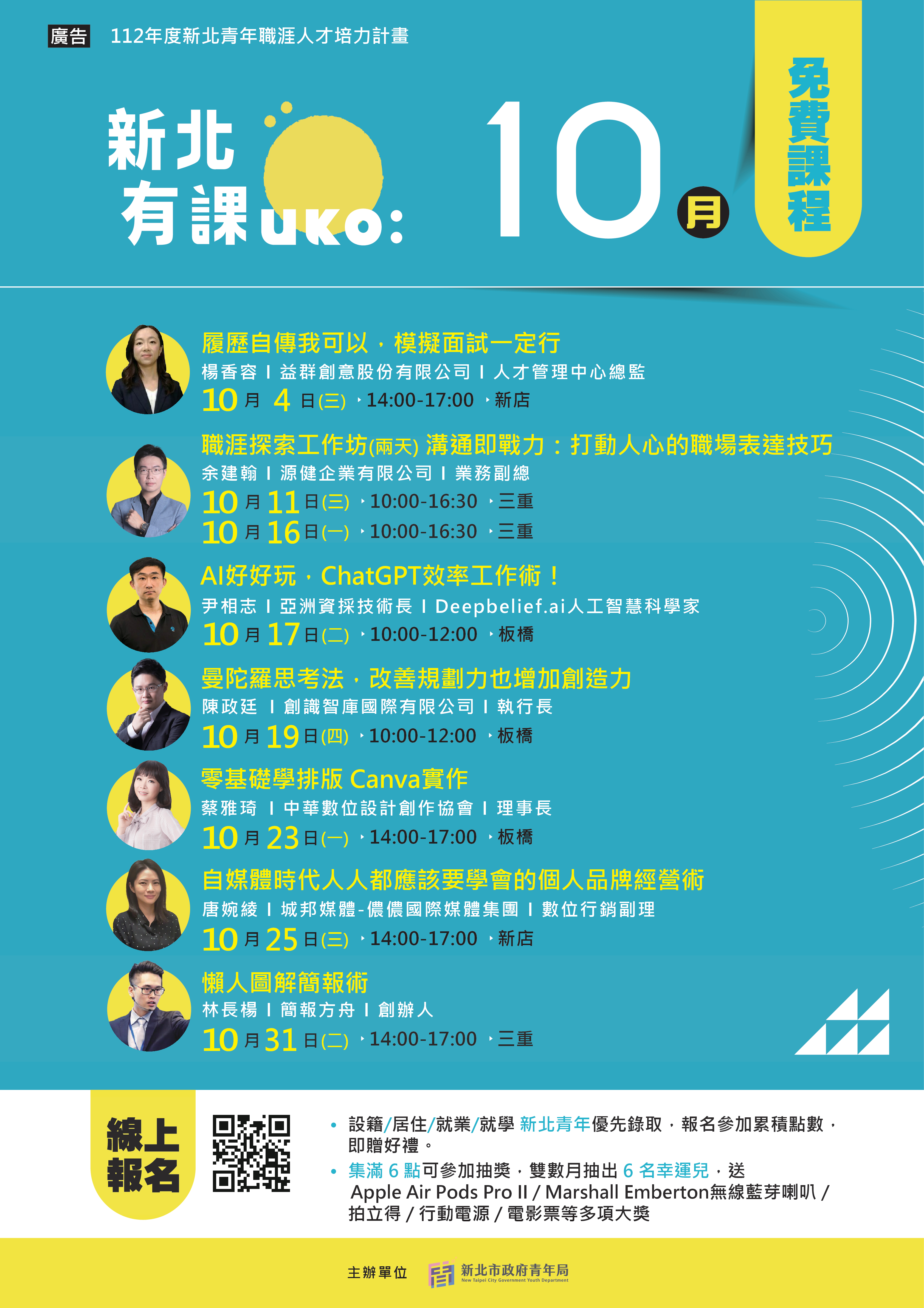 新北青年局十月的「新北有課 UKO」規劃了完整的個人品牌經營講座。.png