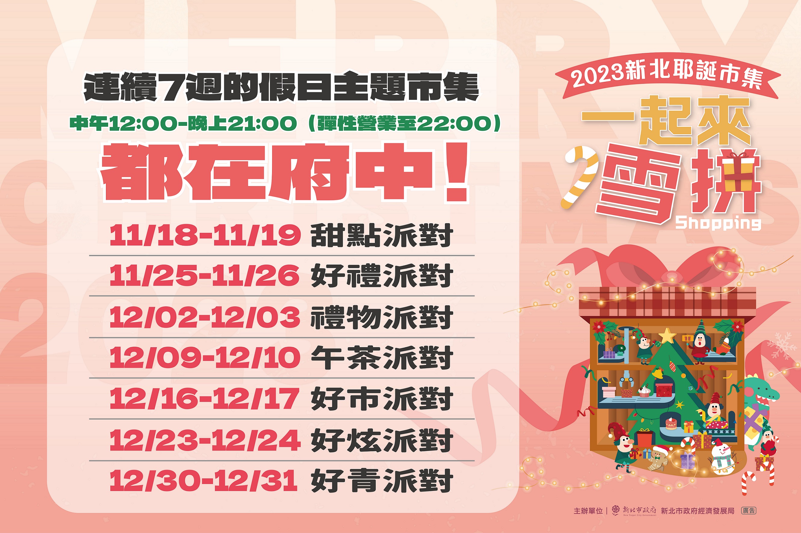 新北耶誕市集以7大不同主題為亮點，每週末為民眾帶來新的驚喜，本週末接棒的是「好禮派對」，精選16家新北特色伴手禮店家，邀請大家一同傳遞耶誕祝福給周遭的人。