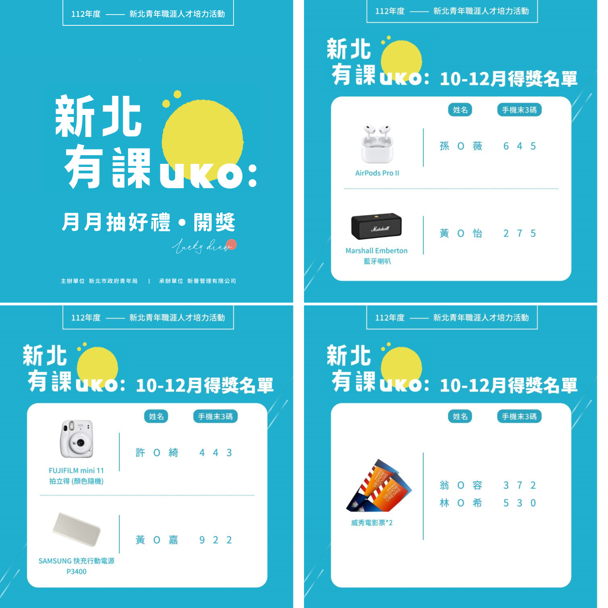 「新北有課UKO」雙月抽好禮得獎名單
