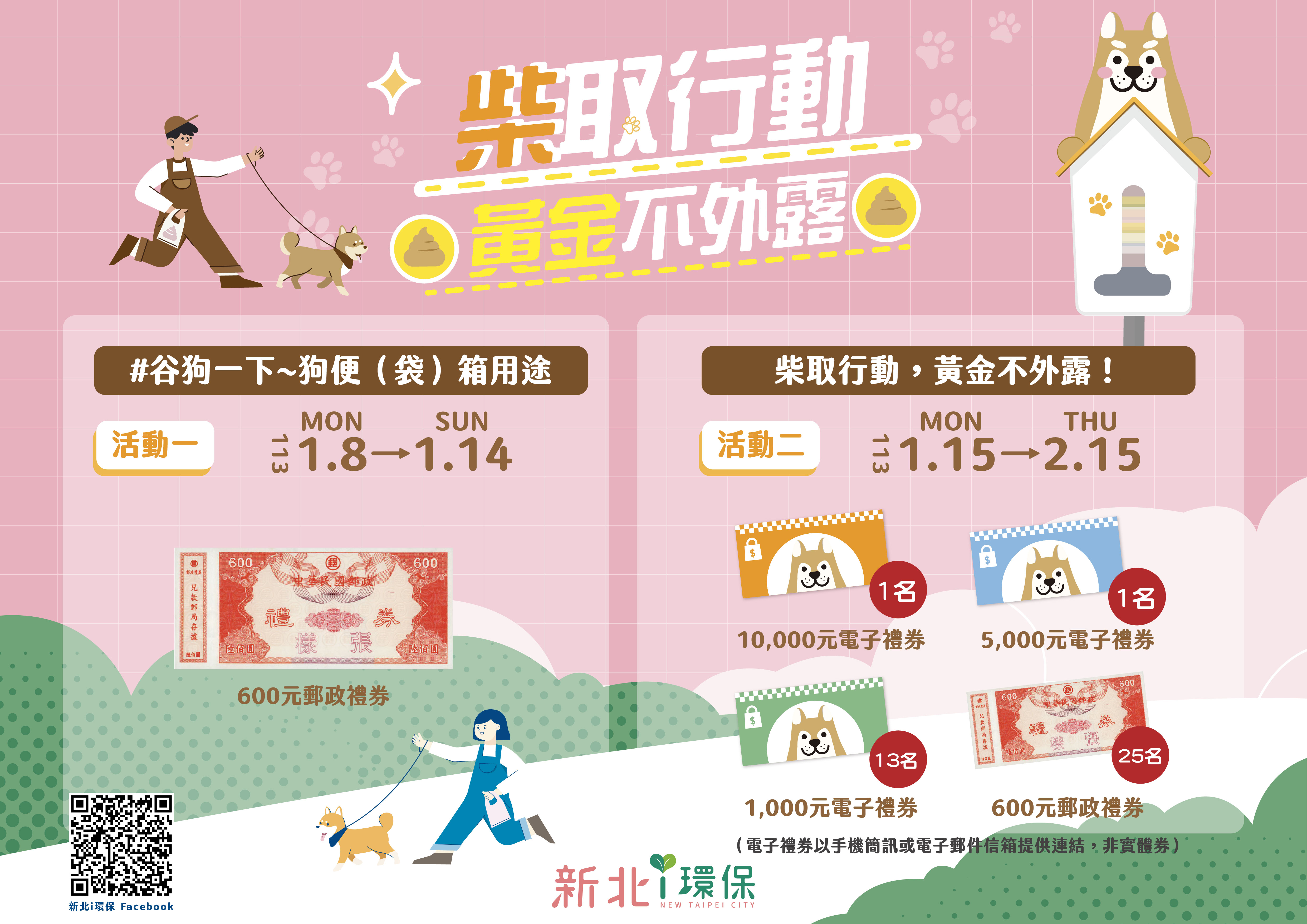 1.環保局8日在「新北i環保」Facebook粉絲專頁啟動「柴取行動，黃金不外露」兩階段活動，民眾只要依貼文指定步驟參與活動，就有機會獲得萬元禮券等好禮