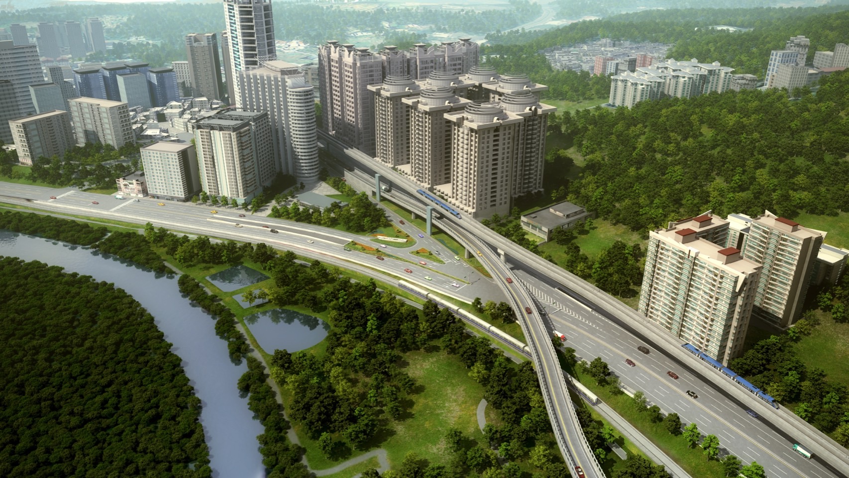 淡北道路工程完工後未來可串聯淡海新市鎮及北投士林科學園區，此圖為工程起點-淡金路與中正東路路口模擬圖。