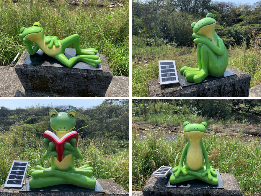 屯山荷花園周邊的青蛙裝置藝術呈現各式趣味姿態