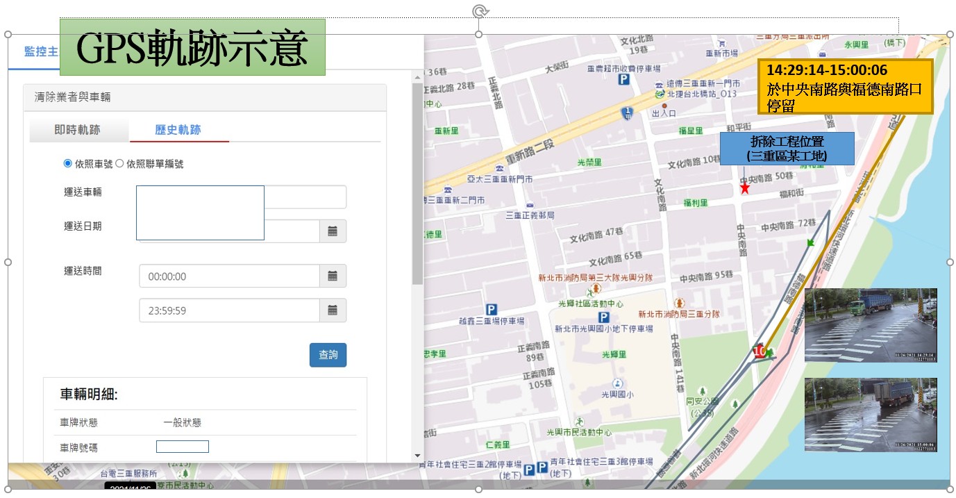 重案組同仁比對GPS軌跡分析及監視器，確認清除車輛未進入工地載運廢棄物(示意圖)