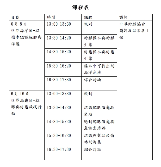 113 年新北市 鯨豚、海龜 保育教育系列課程課程表