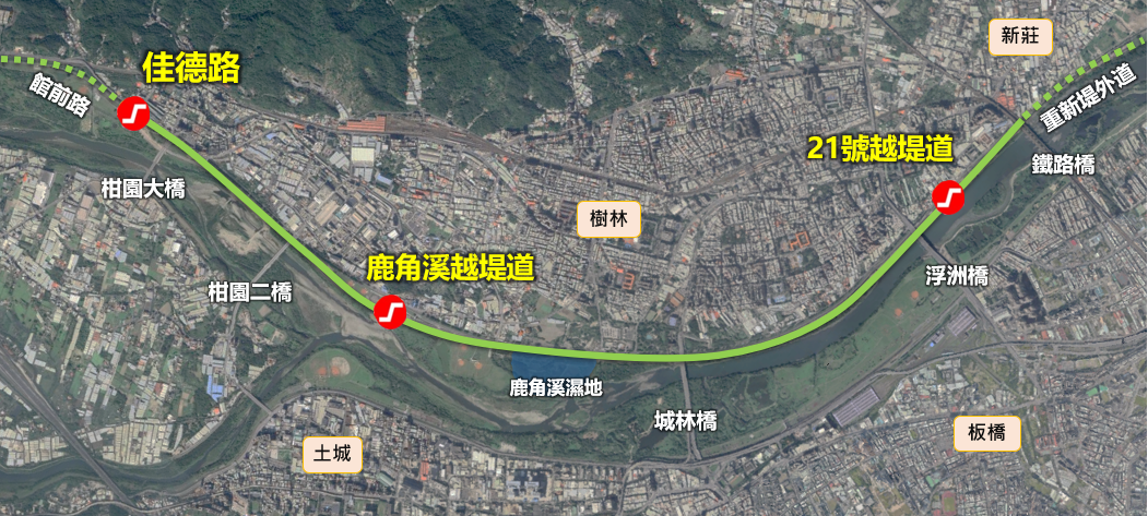 新闢堤外道路線及3處越堤道位置圖