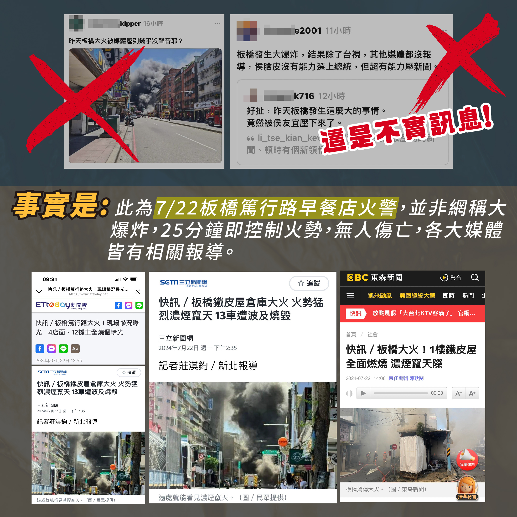 防颱為重勿輕信網路謠言  板橋火警非爆炸別再以訛傳訛