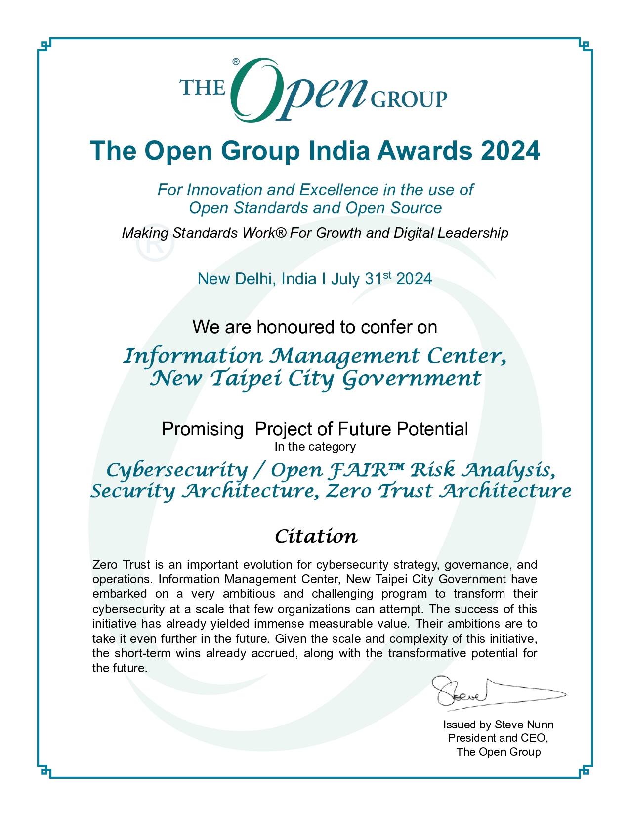 以Cybersecurity / Open FAIR™ Risk Analysis, Security Architecture, Zero Trust Architecture類別榮獲最具未來潛力專案證書