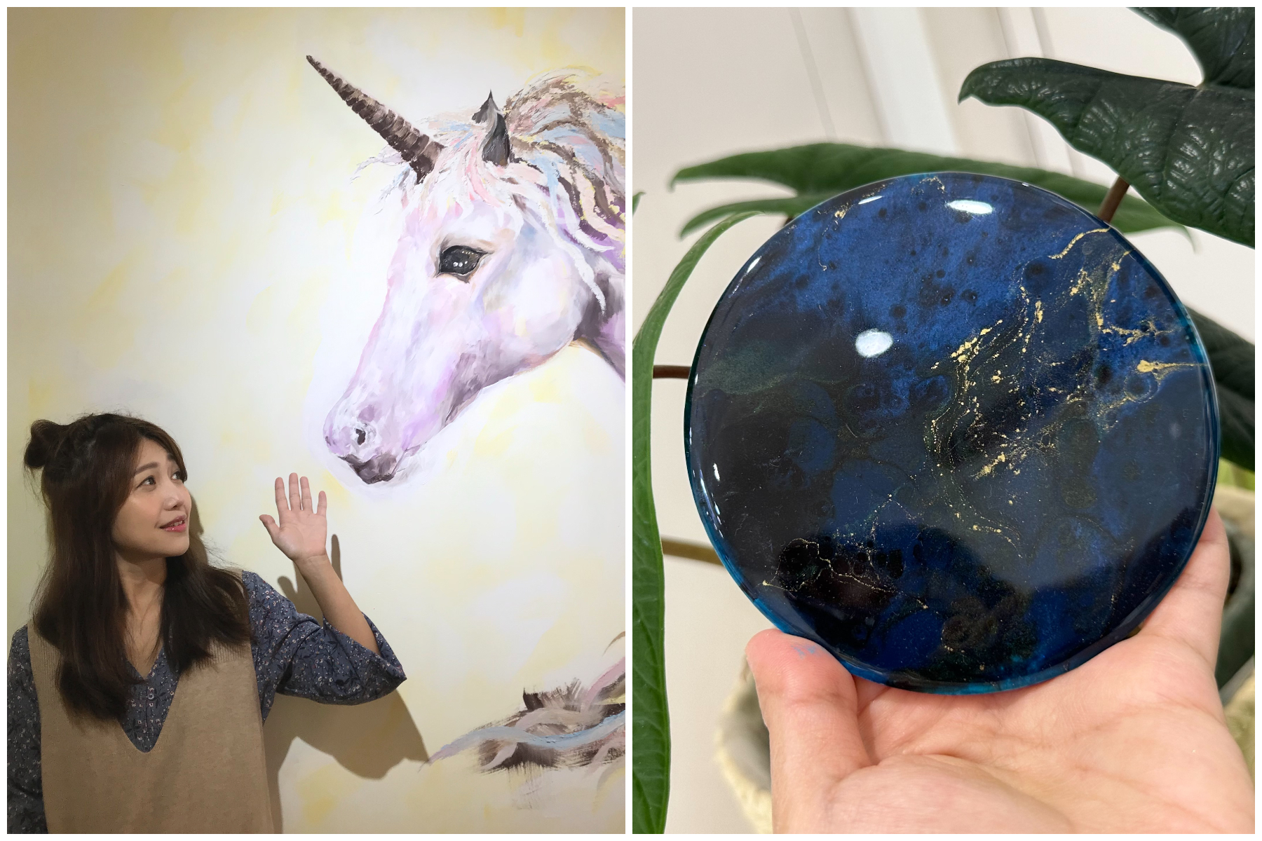 Painting Stage創辦人邱堯群老師將於 9 月 12 日「流體畫職人的星空樹脂杯墊」課程，運用流體畫的技術，結合樹脂製作出星空圖案的杯墊。