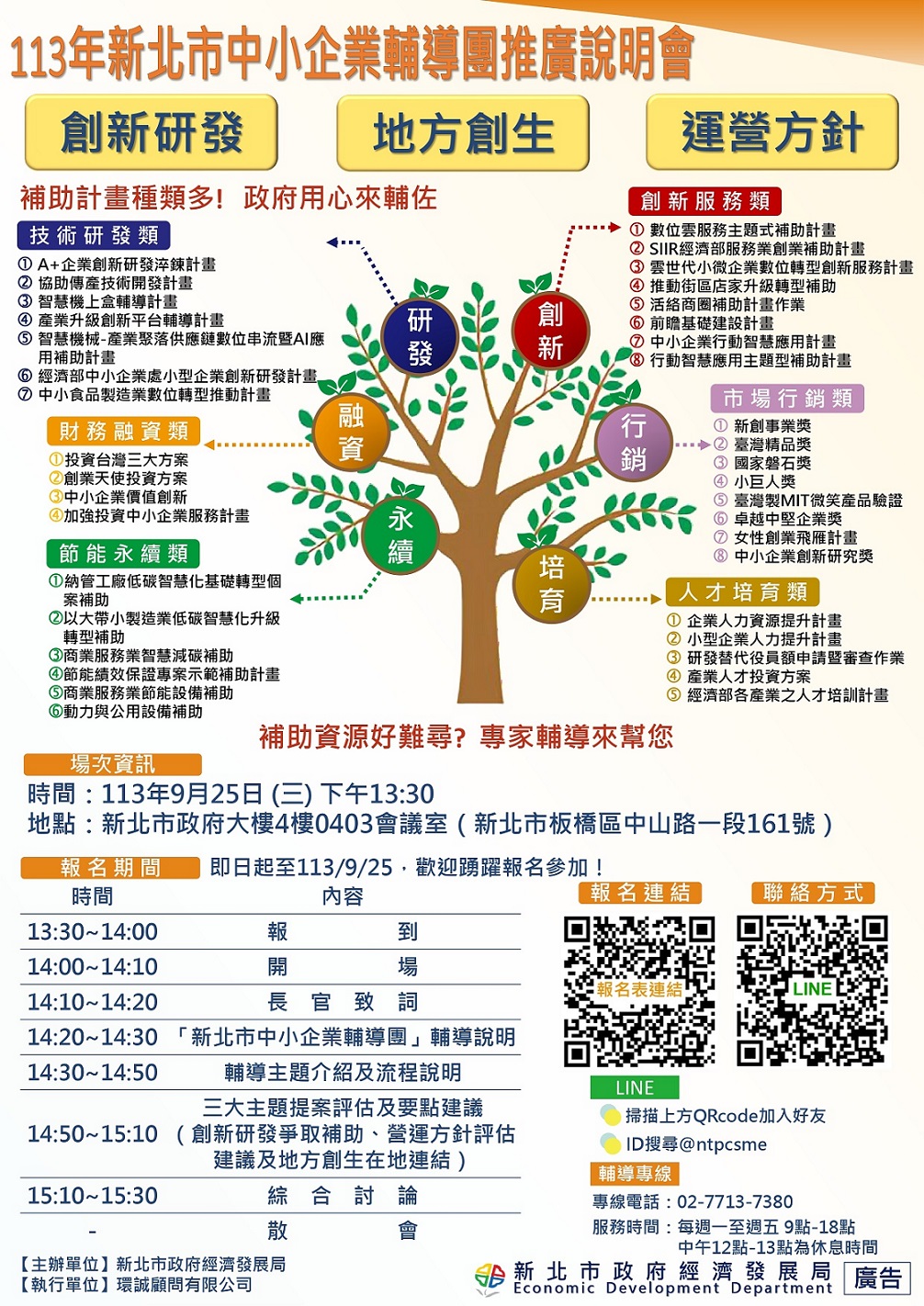 「新北市中小企業輔導團」將於113年9月25日辦理推廣說明會，邀集專家顧問提供免費諮詢服務及診斷建議，歡迎企業踴躍報名參加