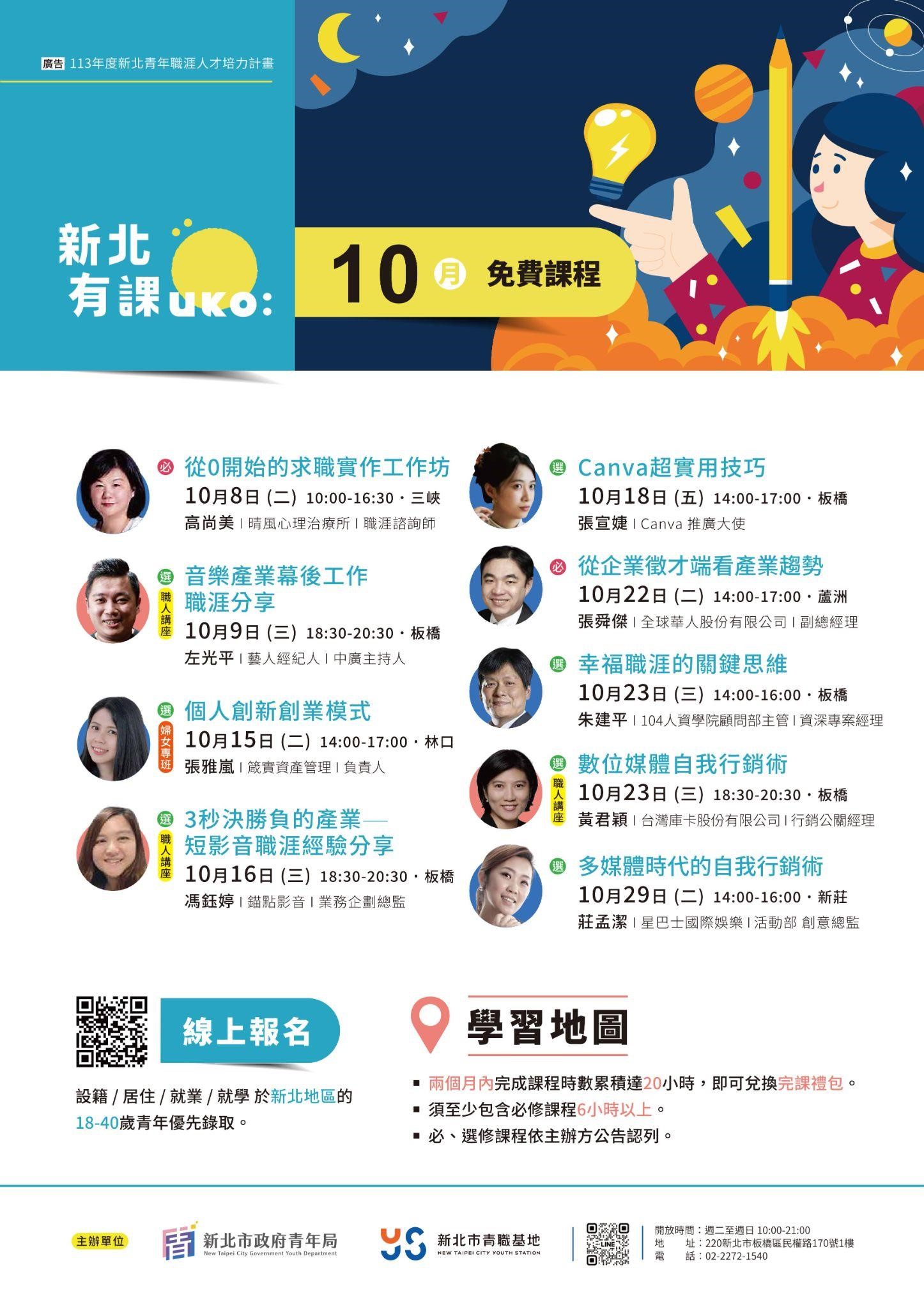 「新北有課UKO」10月份課程豐富多樣，歡迎上青年局網站報名。