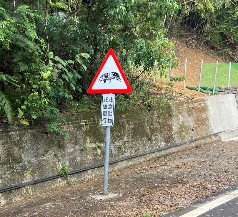  在汐止區八連路以穿山甲寶寶趴在媽媽尾巴上的生物習性為設計構想，新設道路警示牌