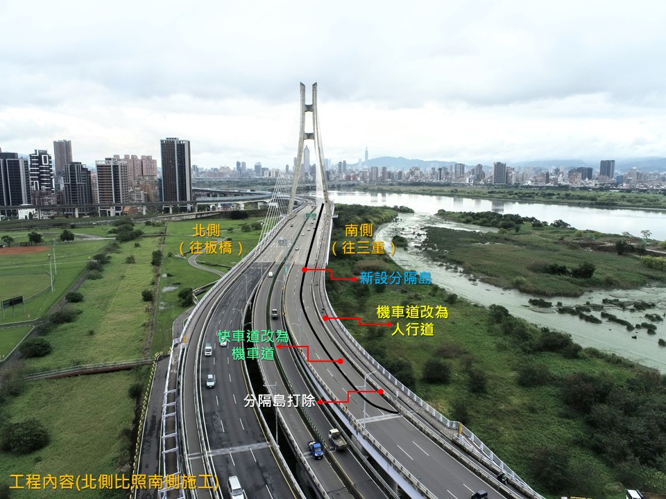 新北大橋雙向機車道改善工程為縮減汽車道將辦理路面標線調整、局部分隔島打除、新設分隔島，以及新設人行道等施工項目。