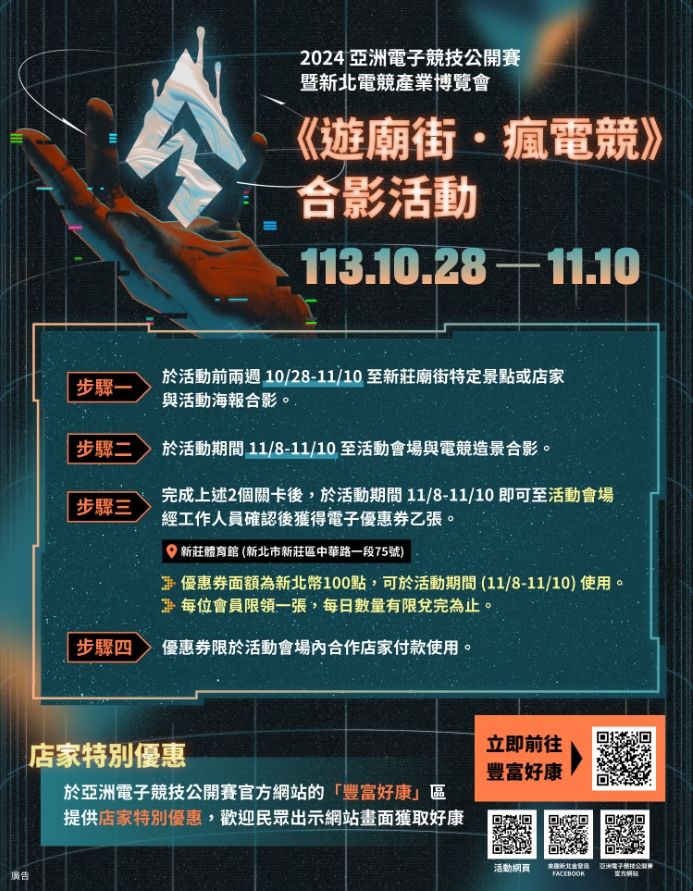 「2024亞洲電子競技公開賽」《遊廟街．瘋電競》合影活動，民眾只要於10月28日至11月10日