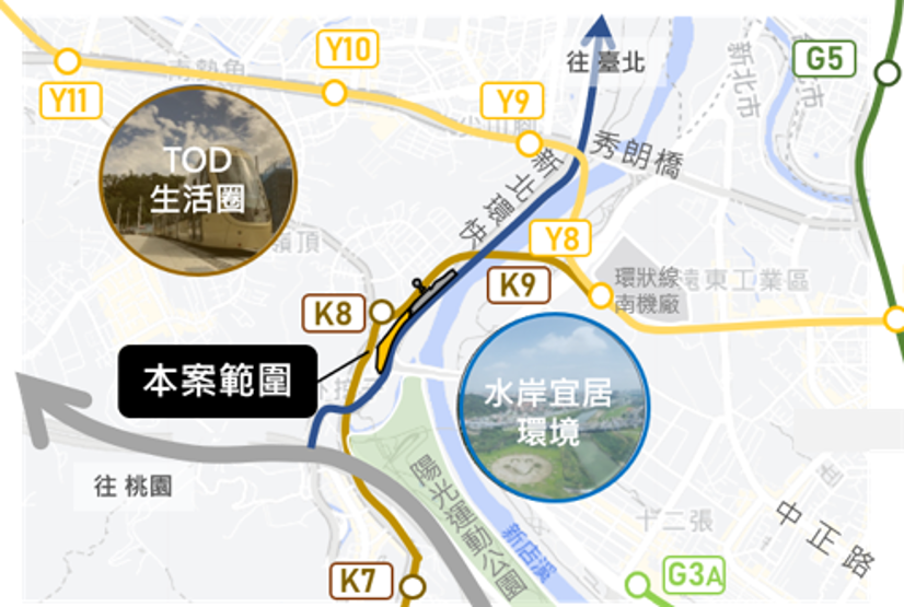 新店安坑輕軌K8站周邊地區(J單元)區段徵收案位於捷運安坑輕軌新和國小站周邊(黃色區塊)。新北地政局提供