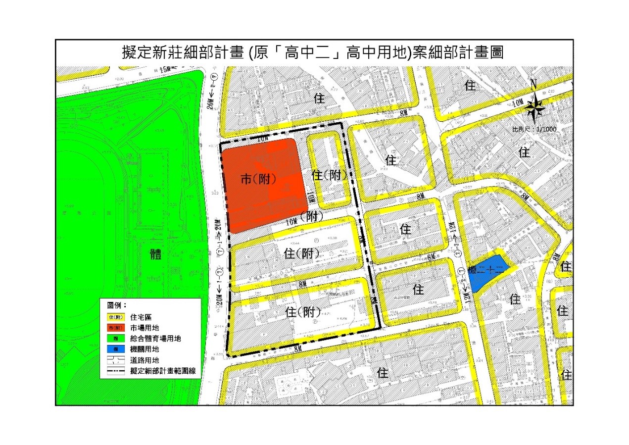 新莊高中二用地變更後示意圖，除解編為住宅區，另規劃0.56公頃市場用地，後續將由市場處打造現代化零售市場，並引進多元公共設施。
