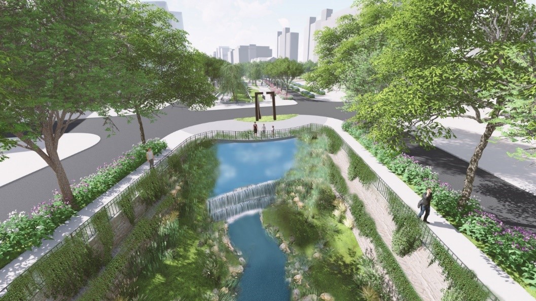 公兒十三路口處運用上下河道高程差創造落瀑水景(示意圖)