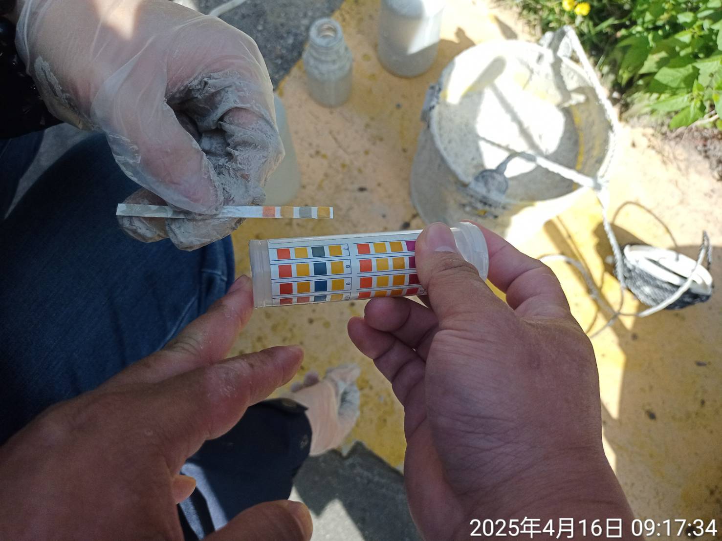 稽查員運用簡易試紙測水質PH值.