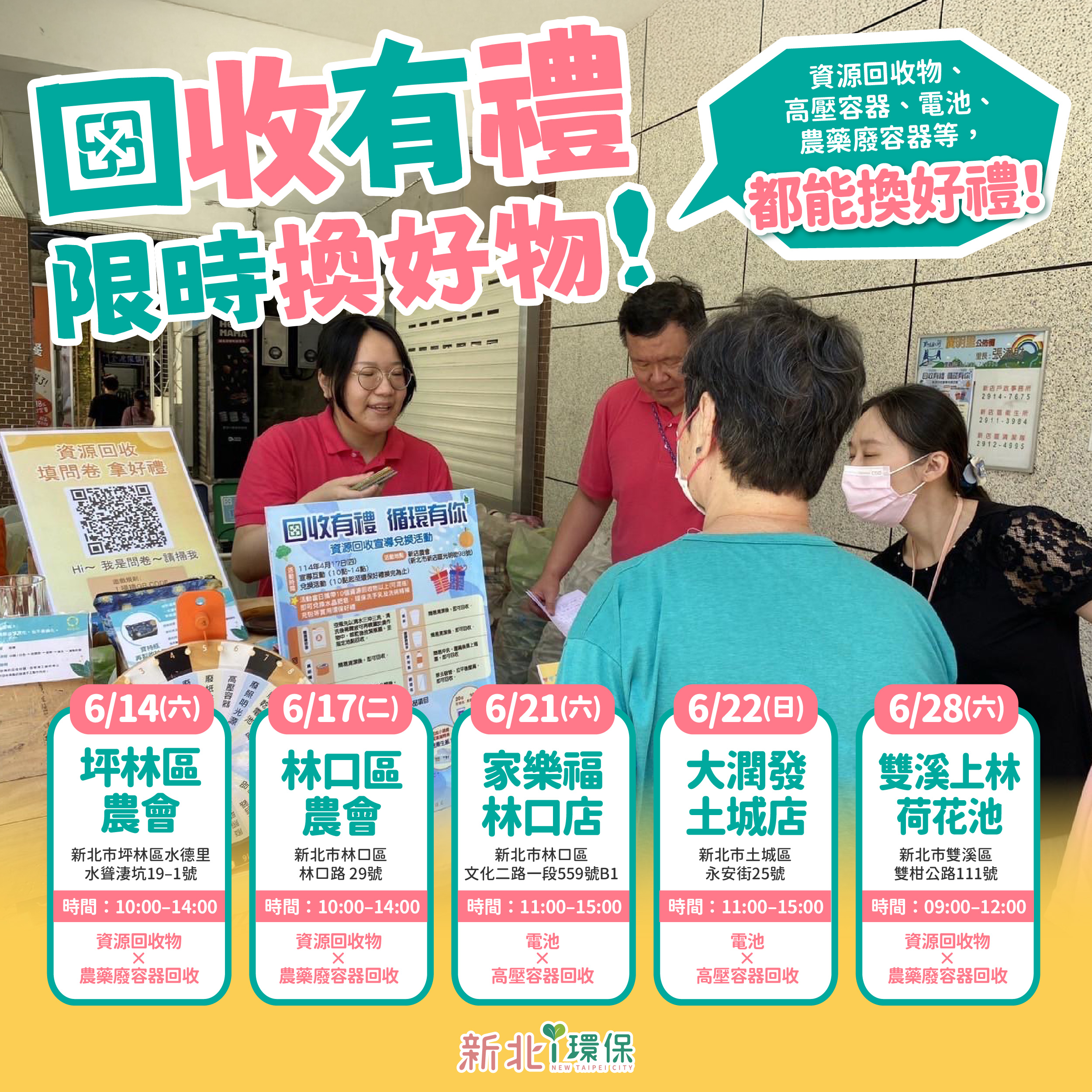 新北結合農會、賣場及荷花季於6月舉辦5場資源回收兌換活動，歡迎市民朋友踴躍參加！