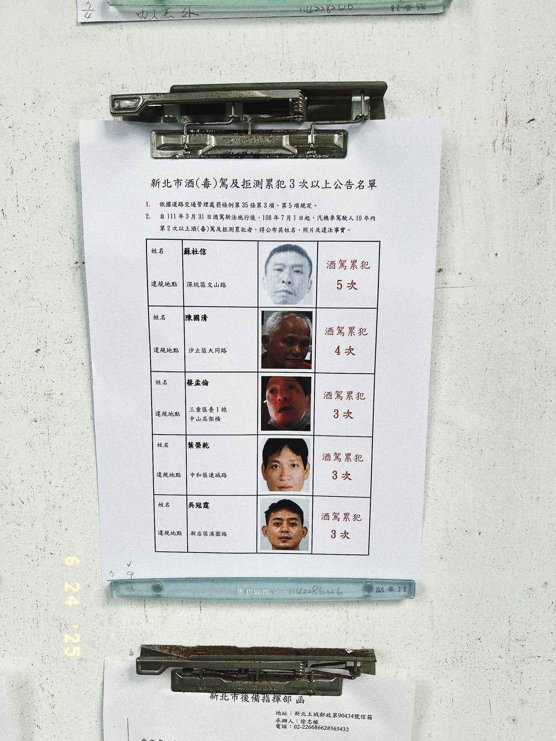 酒（毒）駕及拒測累犯3次以上名單自6月起公告張貼在各區公所、警察局各分局、派出所及里辦公室公布欄