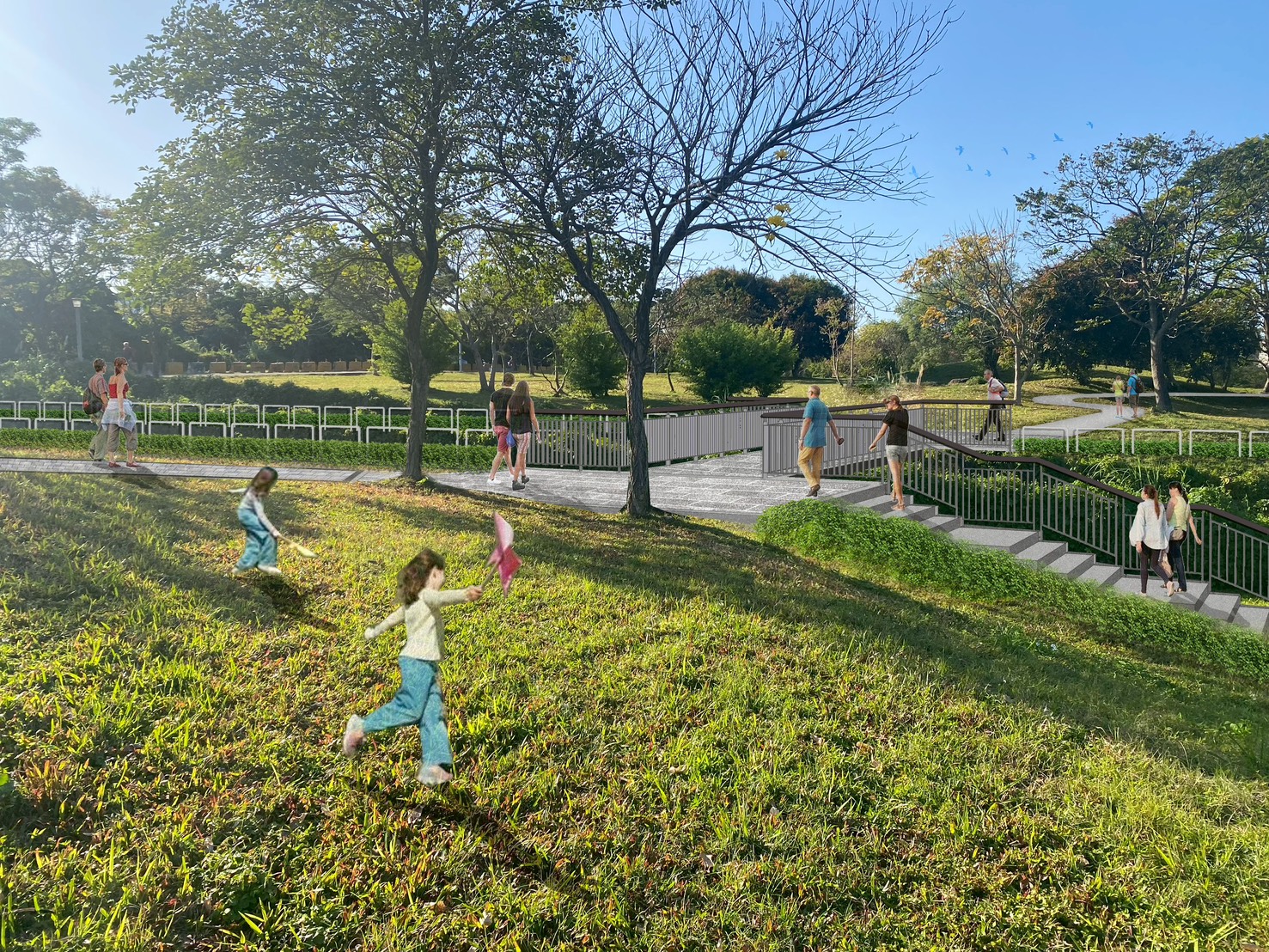 溪洲公園水環境改善工程銜接排水溝渠兩關綠境，提供無礙通行新通道(模擬圖)