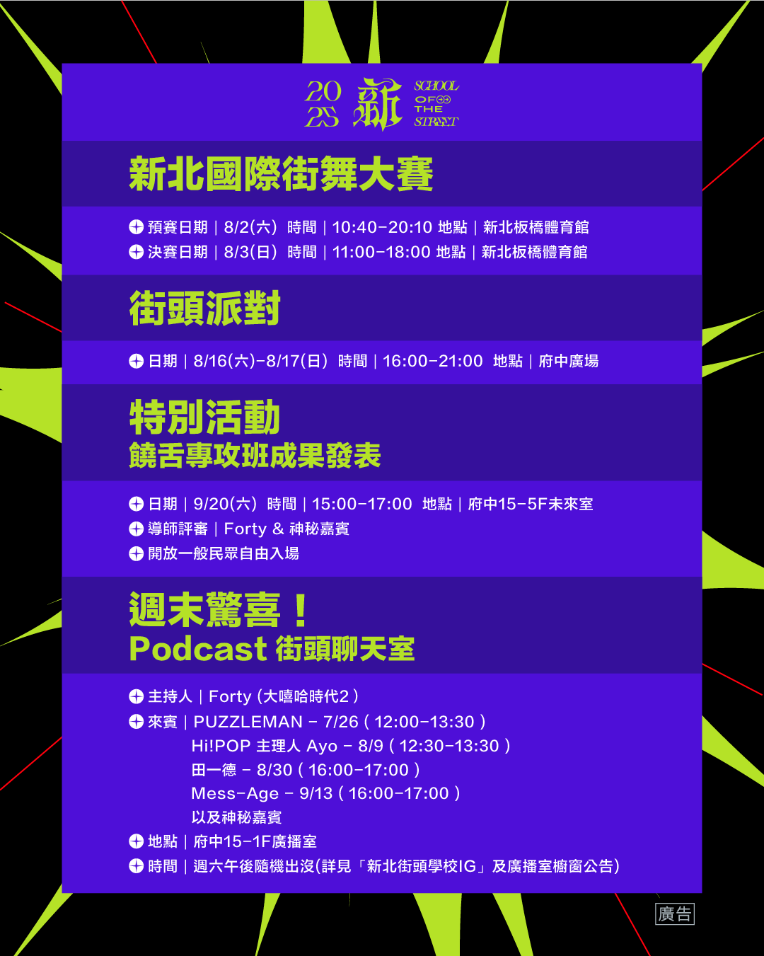 第二屆「新北街頭學校」於6月27日至9月21日限時登場，8月16、17日更攜手知名街頭賽事、當紅音樂人及DJ，在府中廣場熱力開辦街頭派對