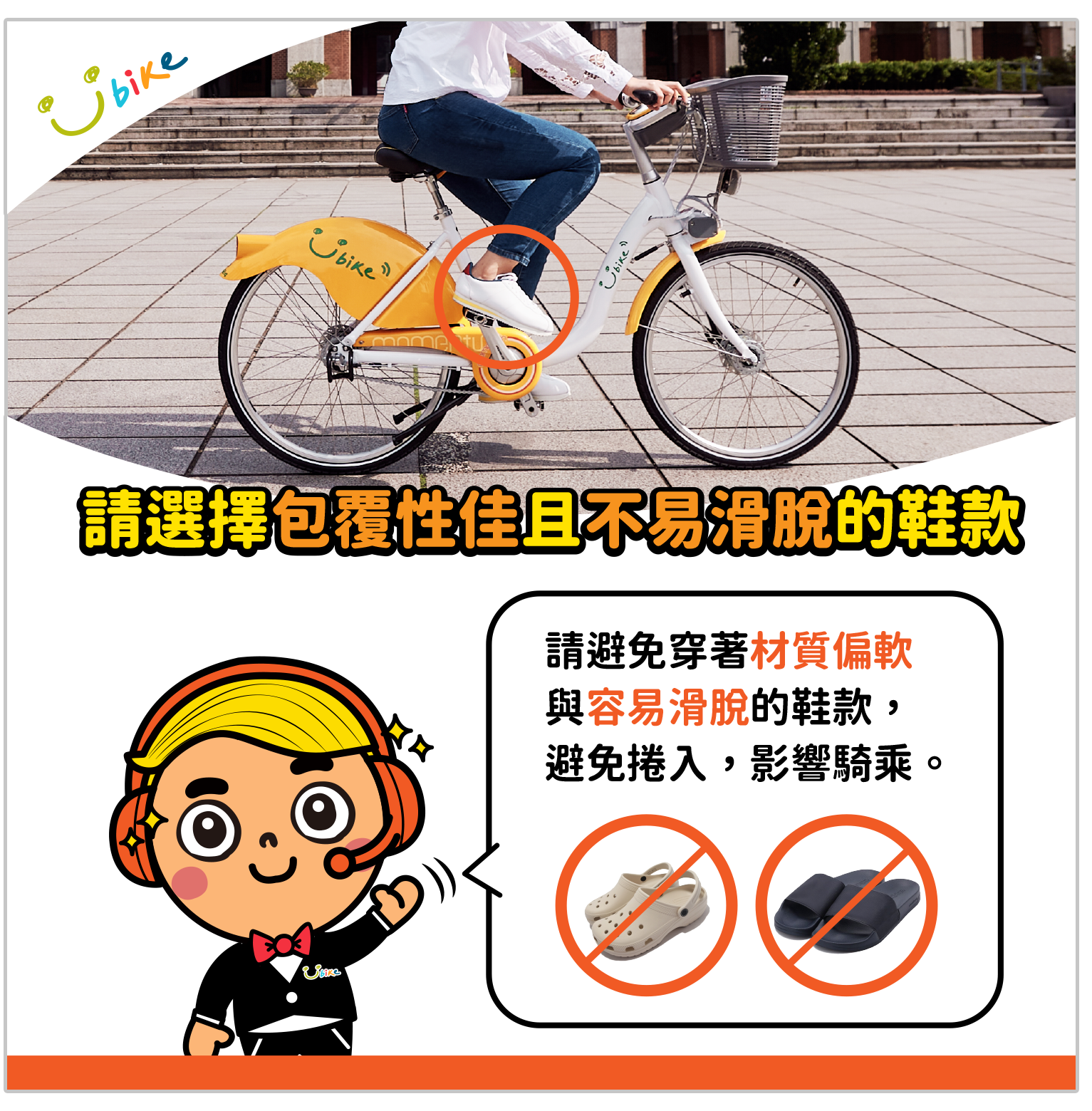 圖3.騎YouBike請選擇包覆性佳且不易滑脫的鞋款