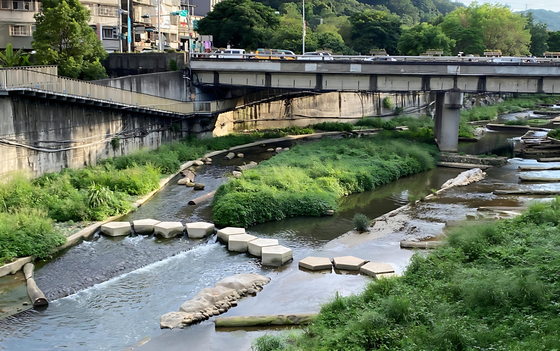 河川增設中島，除增加生物棲地外，也能提供多元水流環境