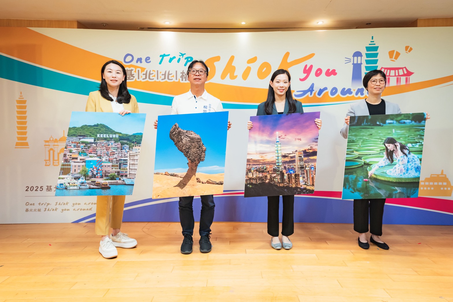 新北市觀旅局局長（左二）與基隆、臺北、桃園觀光首長於新加坡觀光推介會行前記者會揭曉Shiok you around行程給星馬旅客。 