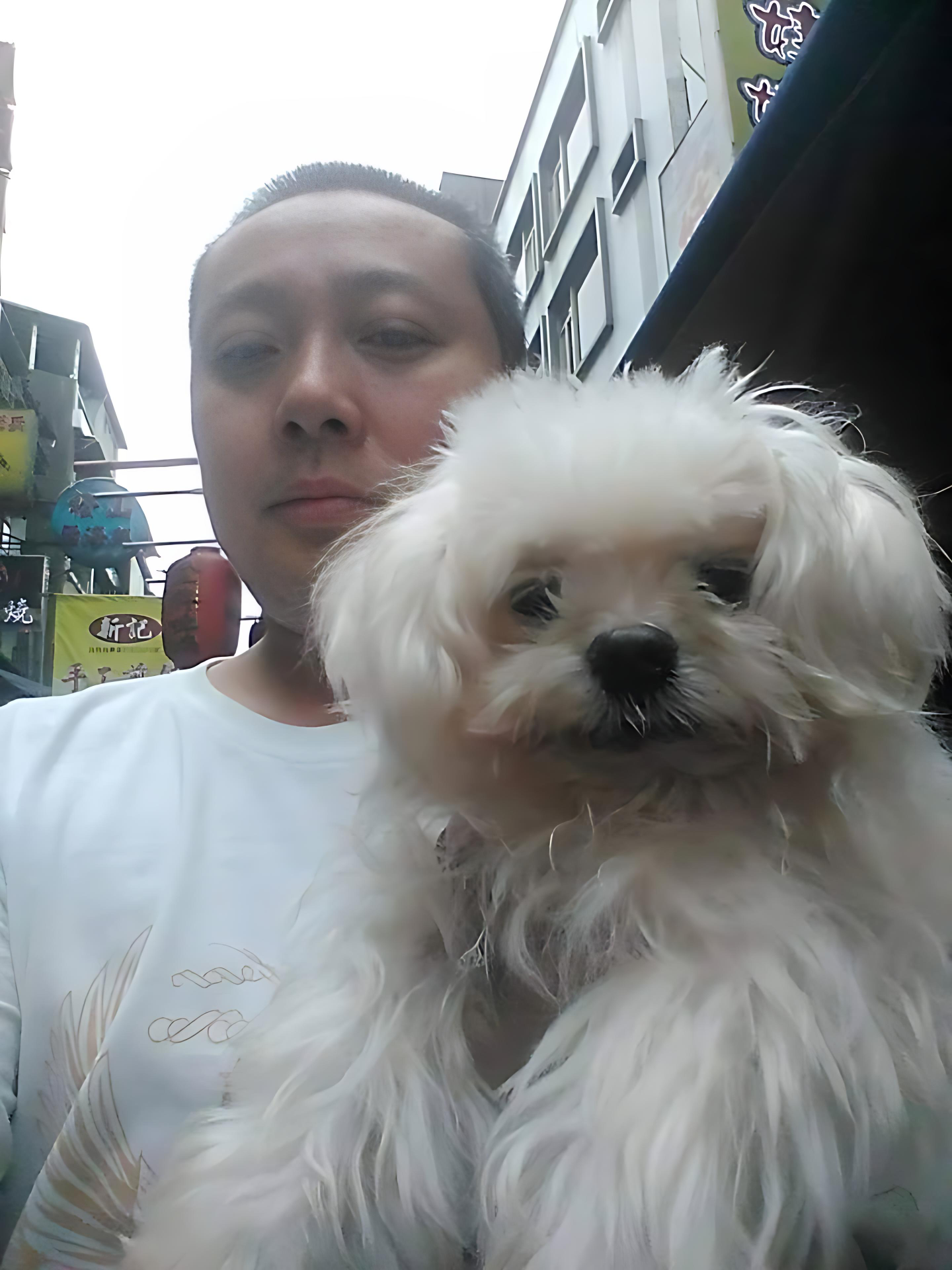 侯理事長帶著愛犬悠閒逛街，享受愜意的午後時光。