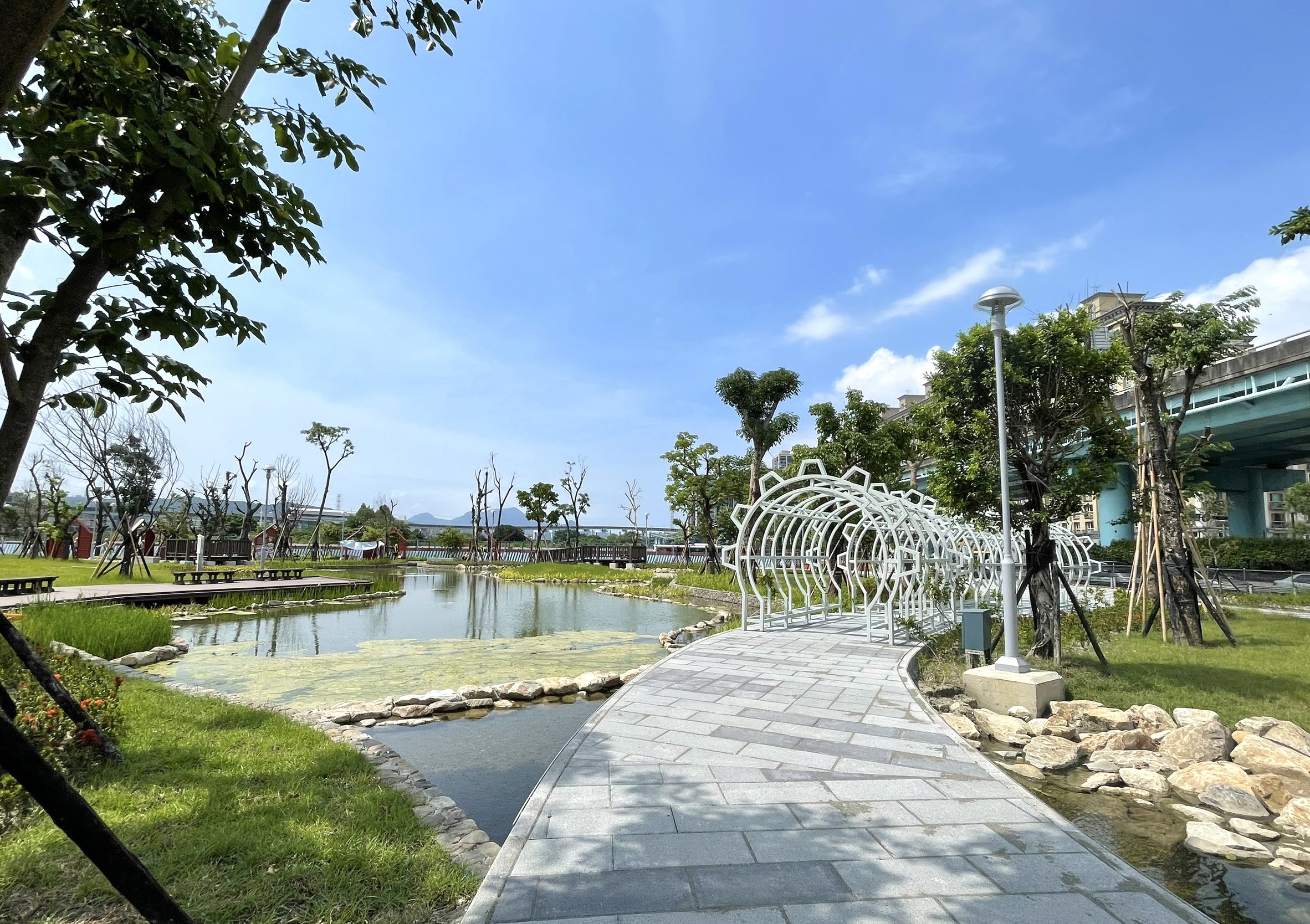 中環公園透過雨水積磚蓄水，讓生態水池終年流水潺潺。新北市地政局提供