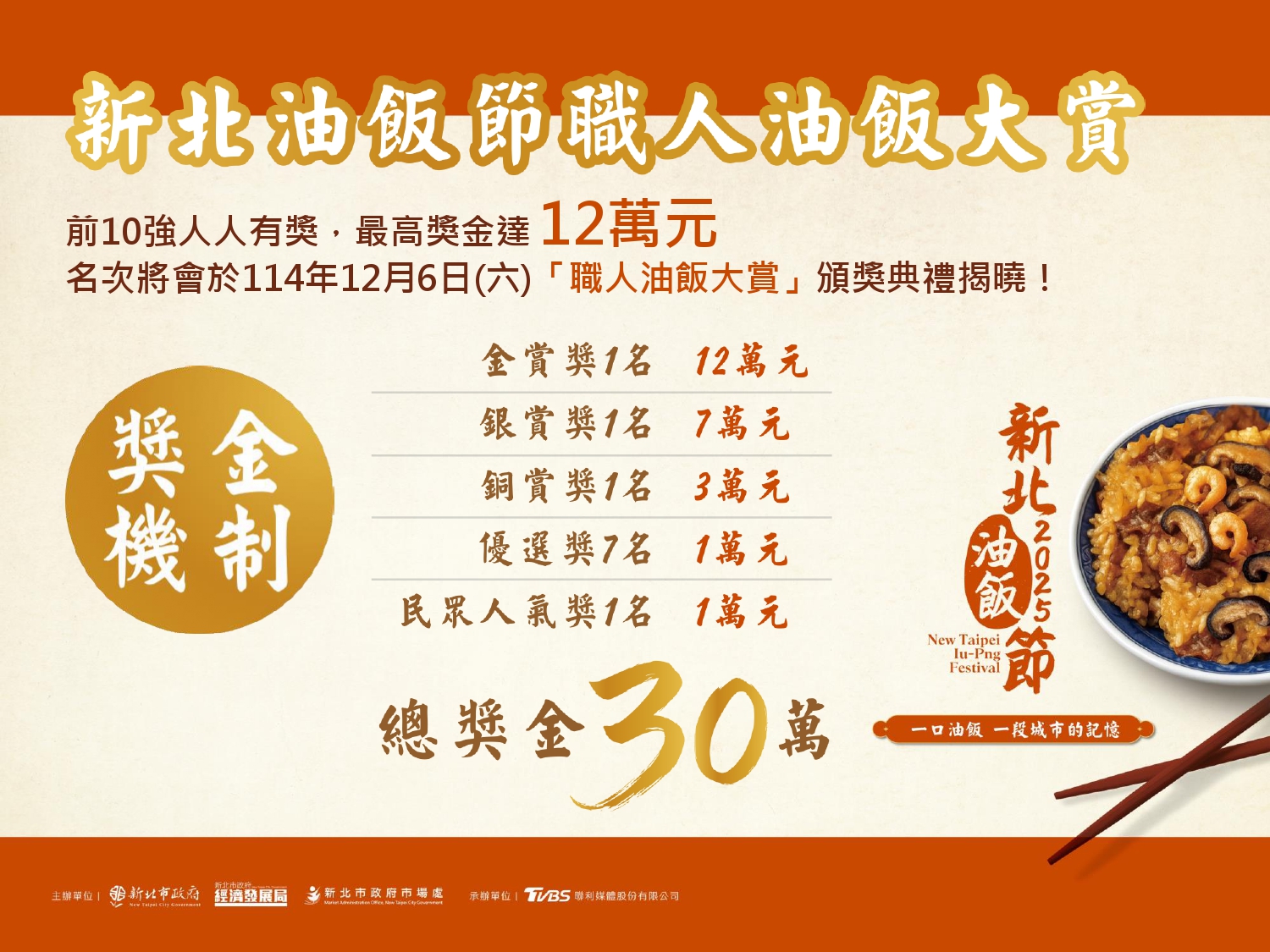圖說：本次新北油飯節報名期間自即日起至114年10月17日止，相關報名資訊、簡章及最新消息將公佈於市場處官網與「來新北逛菜市」粉絲專頁(https://www.facebook.com/ntpcemarket/?locale=zh_TW)。