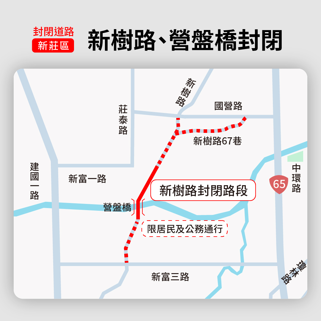 新莊區新樹路營盤橋將於10月13日封閉施工。新北市地政局提供