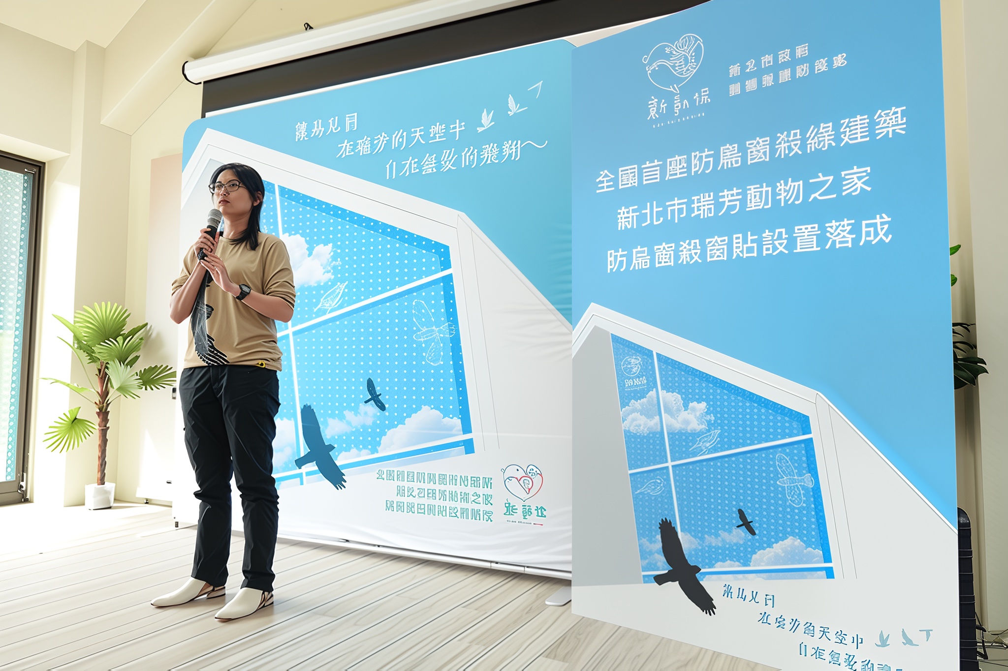  台灣猛禽研究會祕書長蔡岱樺說明防鳥窗殺的重要性