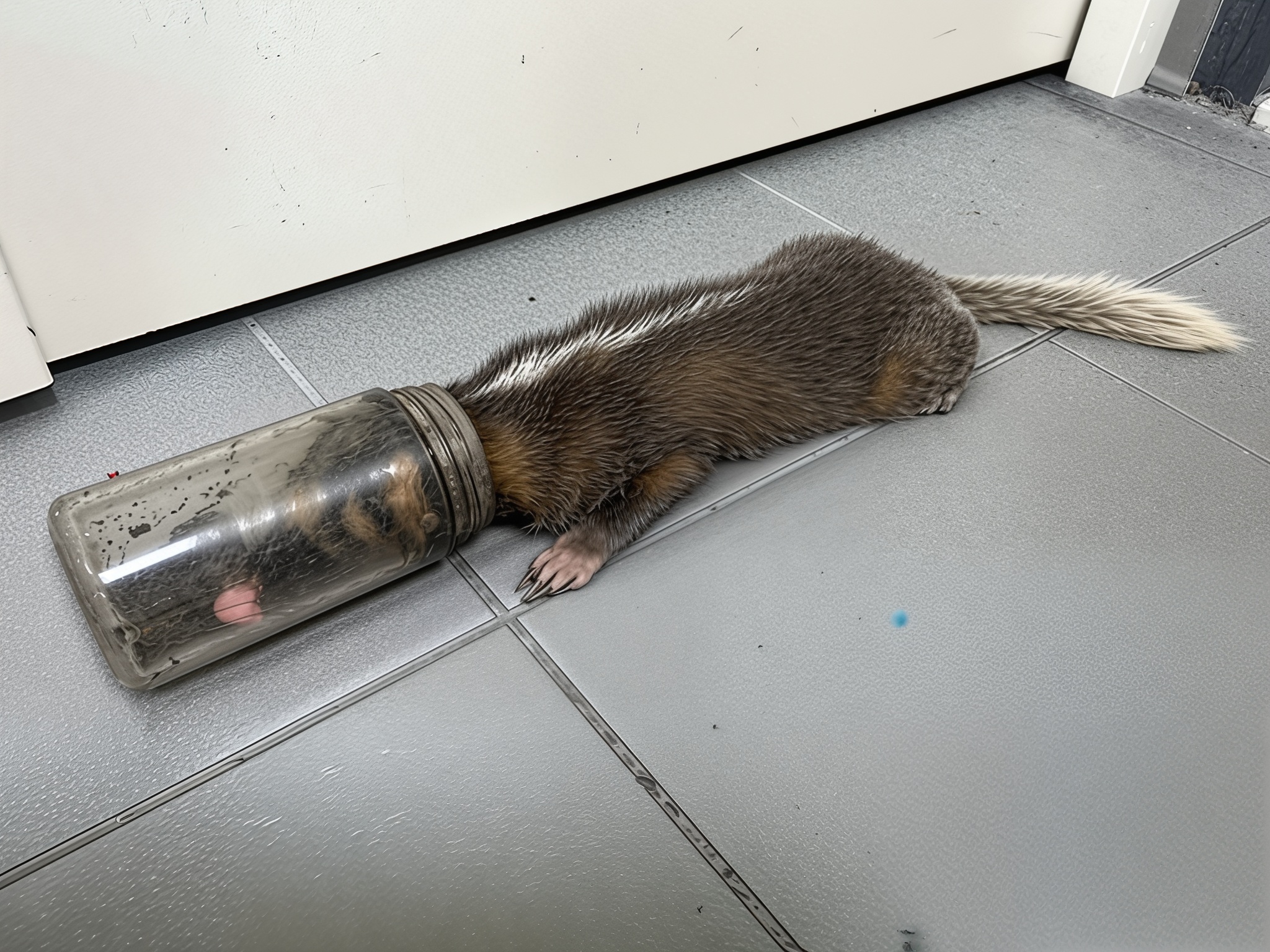  鼬獾頭部卡在玻璃罐中